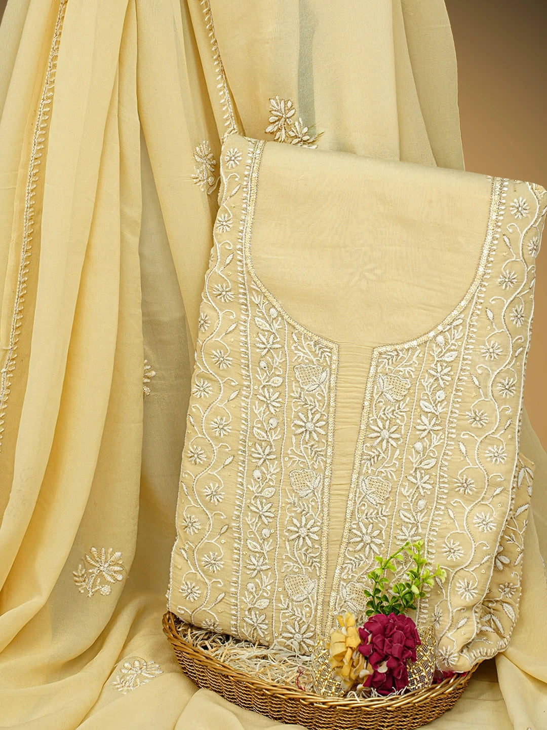 Ada Hand Embroidered Beige Pure Georgette Lucknowi Chikankari Unstitched Kurta Dupatta Set With Sequinned Work 01A792190