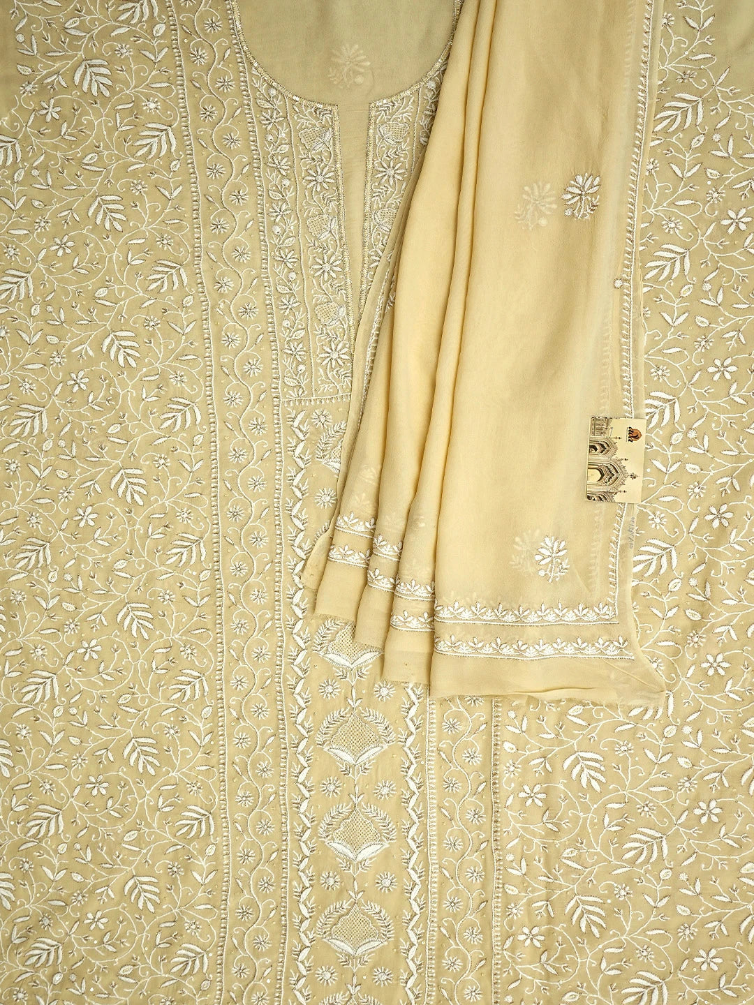 Ada Hand Embroidered Beige Pure Georgette Lucknowi Chikankari Unstitched Kurta Dupatta Set With Sequinned Work 01A792190