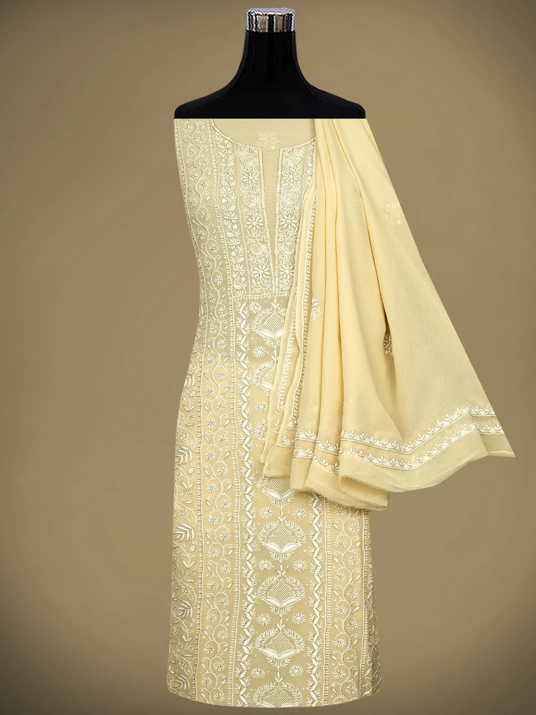 Ada Hand Embroidered Beige Pure Georgette Lucknowi Chikankari Unstitched Kurta Dupatta Set With Sequinned Work 01A792190