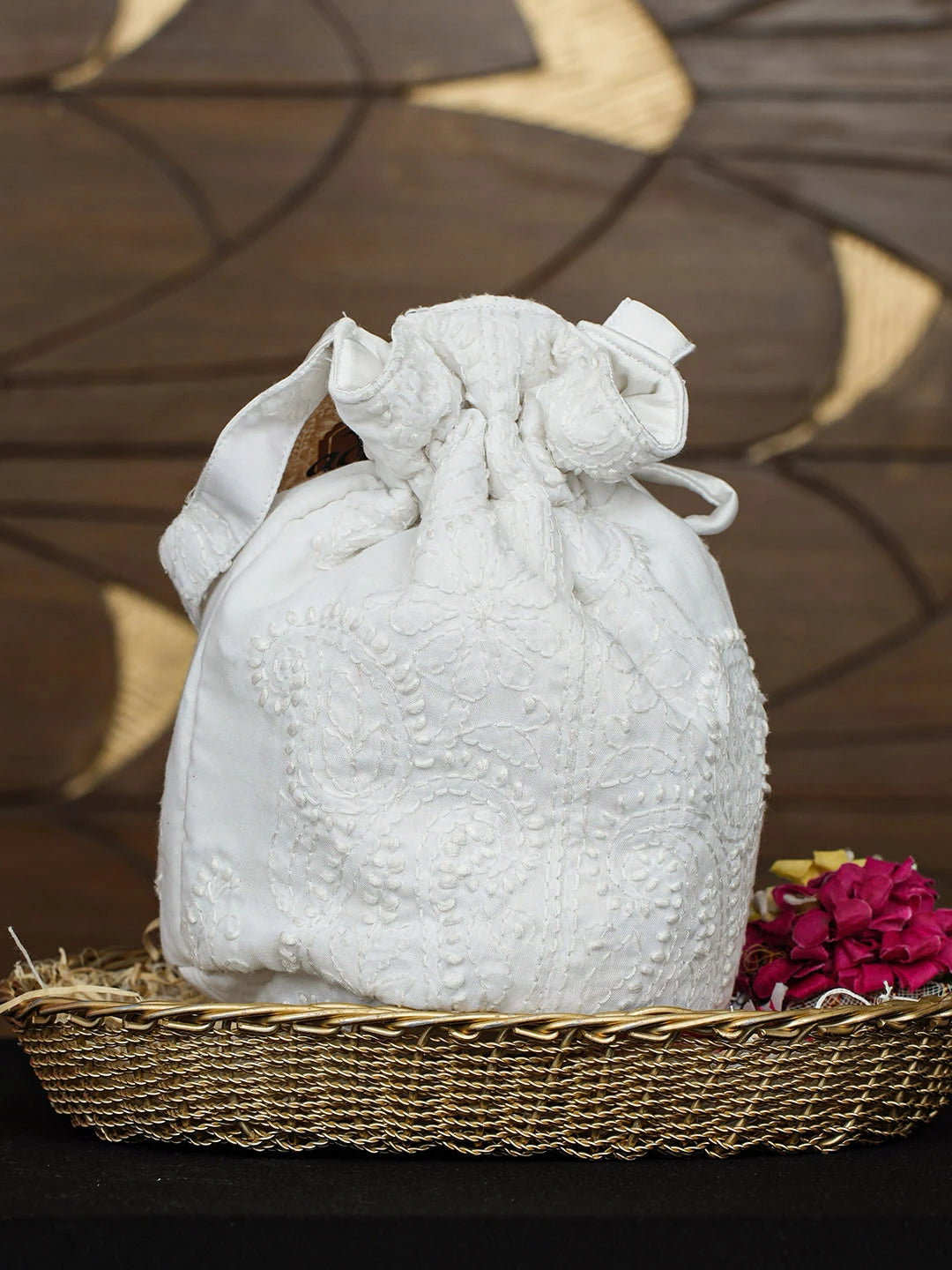 Ada Hand Embroidered White Cotton Lucknowi Chikankari Potli Bag 01A977992