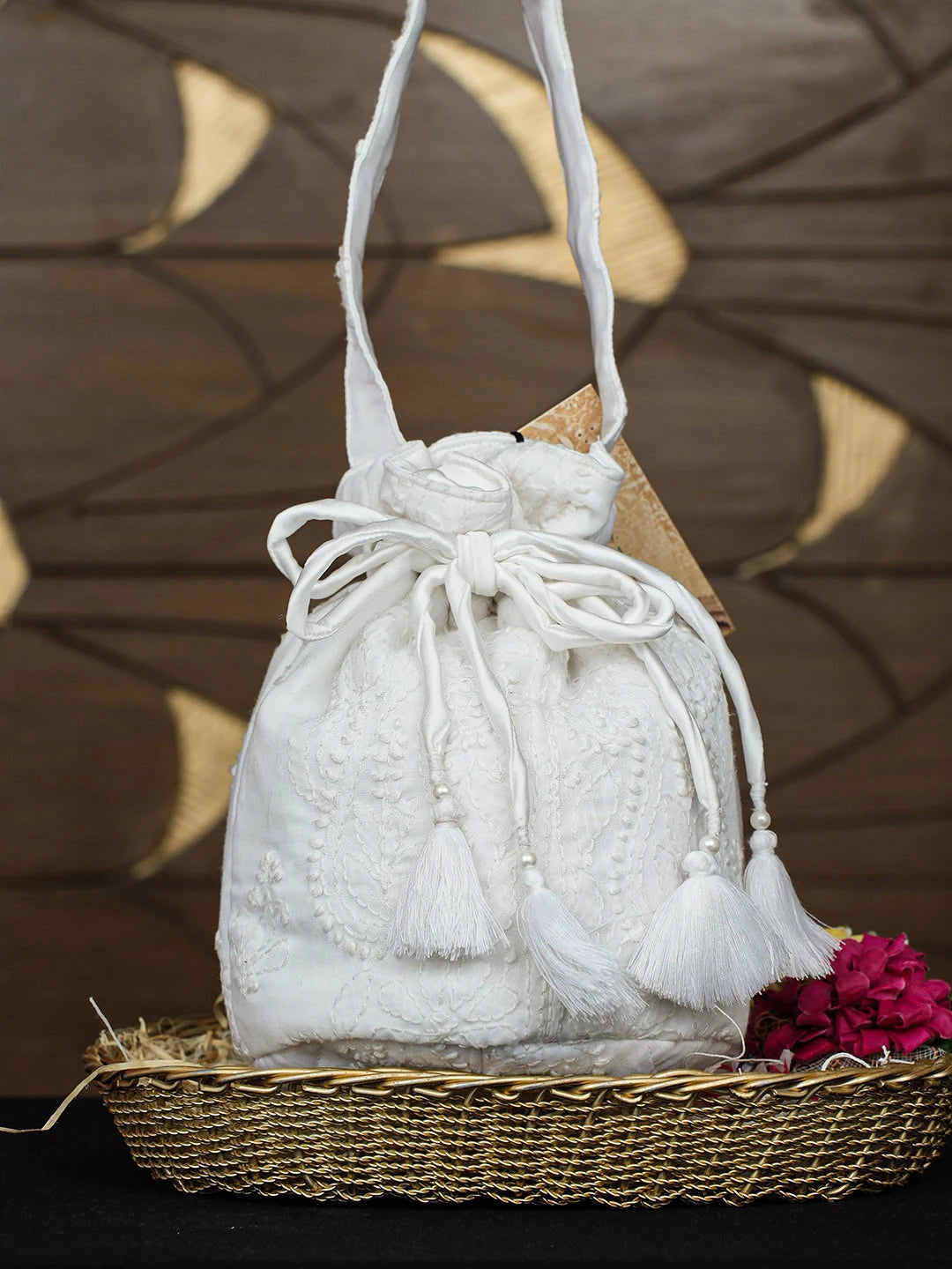 Ada Hand Embroidered White Cotton Lucknowi Chikankari Potli Bag 01A977992