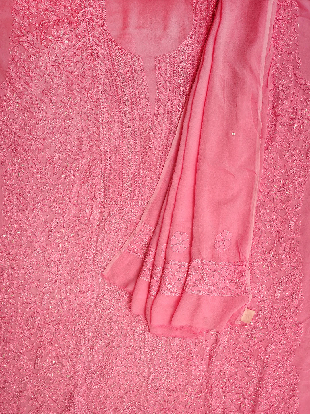 Ada Hand Embroidered Pink Viscose Georgette Lucknowi Chikankari Unstitched Kurta Dupatta Set With Cutdana Work 01A809974