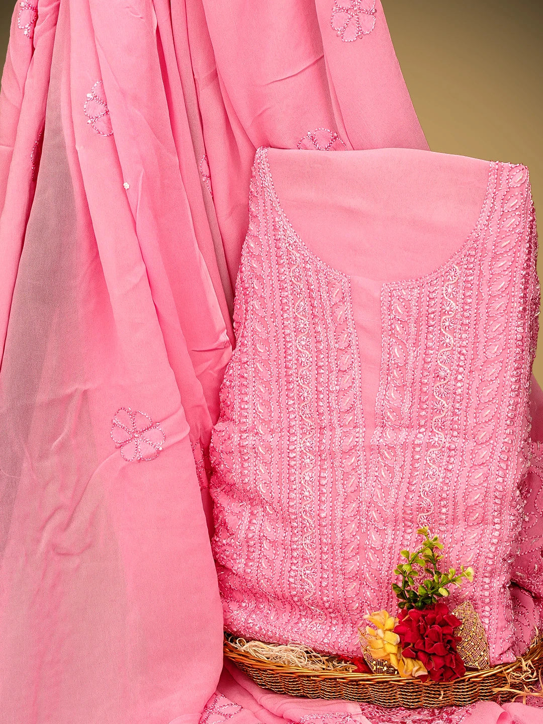 Ada Hand Embroidered Pink Viscose Georgette Lucknowi Chikankari Unstitched Kurta Dupatta Set With Cutdana Work 01A809974