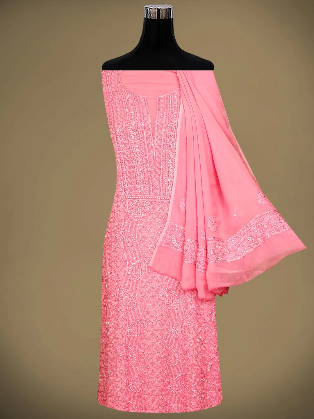 Ada Hand Embroidered Pink Viscose Georgette Lucknowi Chikankari Unstitched Kurta Dupatta Set With Cutdana Work 01A809974