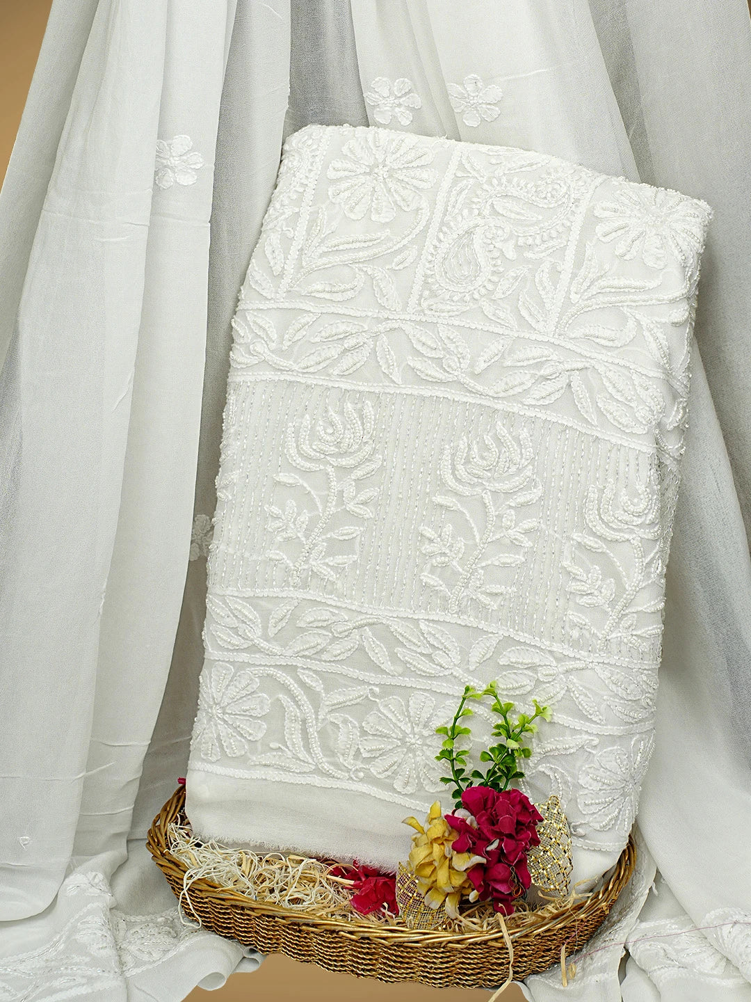 Ada Hand Embroidered White Viscose Georgette Lucknowi Chikankari Unstitched Kurta Dupatta Set With Cutdana  Work 01A951203