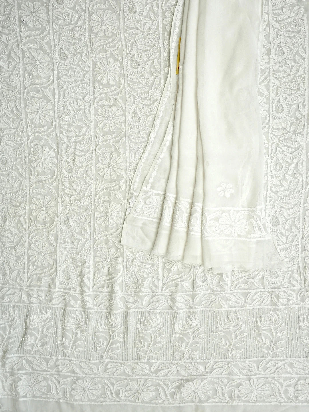 Ada Hand Embroidered White Viscose Georgette Lucknowi Chikankari Unstitched Kurta Dupatta Set With Cutdana  Work 01A951203