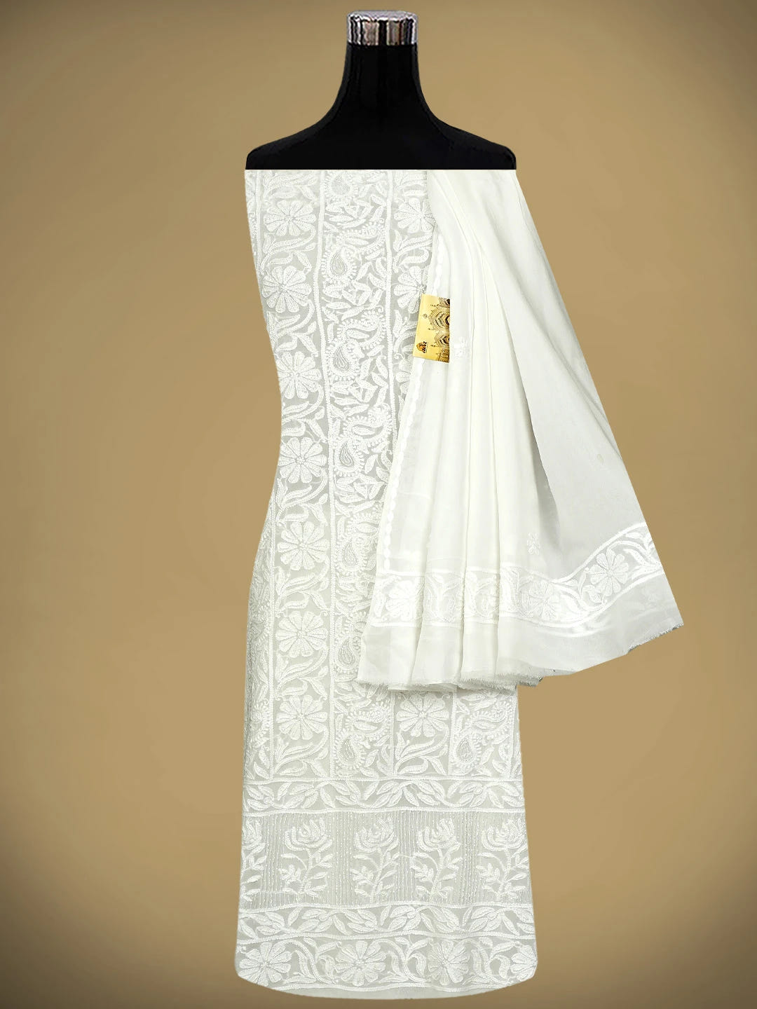 Ada Hand Embroidered White Viscose Georgette Lucknowi Chikankari Unstitched Kurta Dupatta Set With Cutdana  Work 01A951203