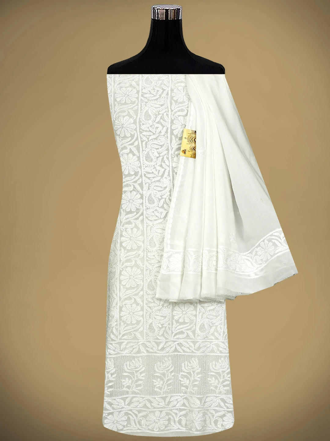 Ada Hand Embroidered White Viscose Georgette Lucknowi Chikankari Unstitched Kurta Dupatta Set With Cutdana  Work 01A951203
