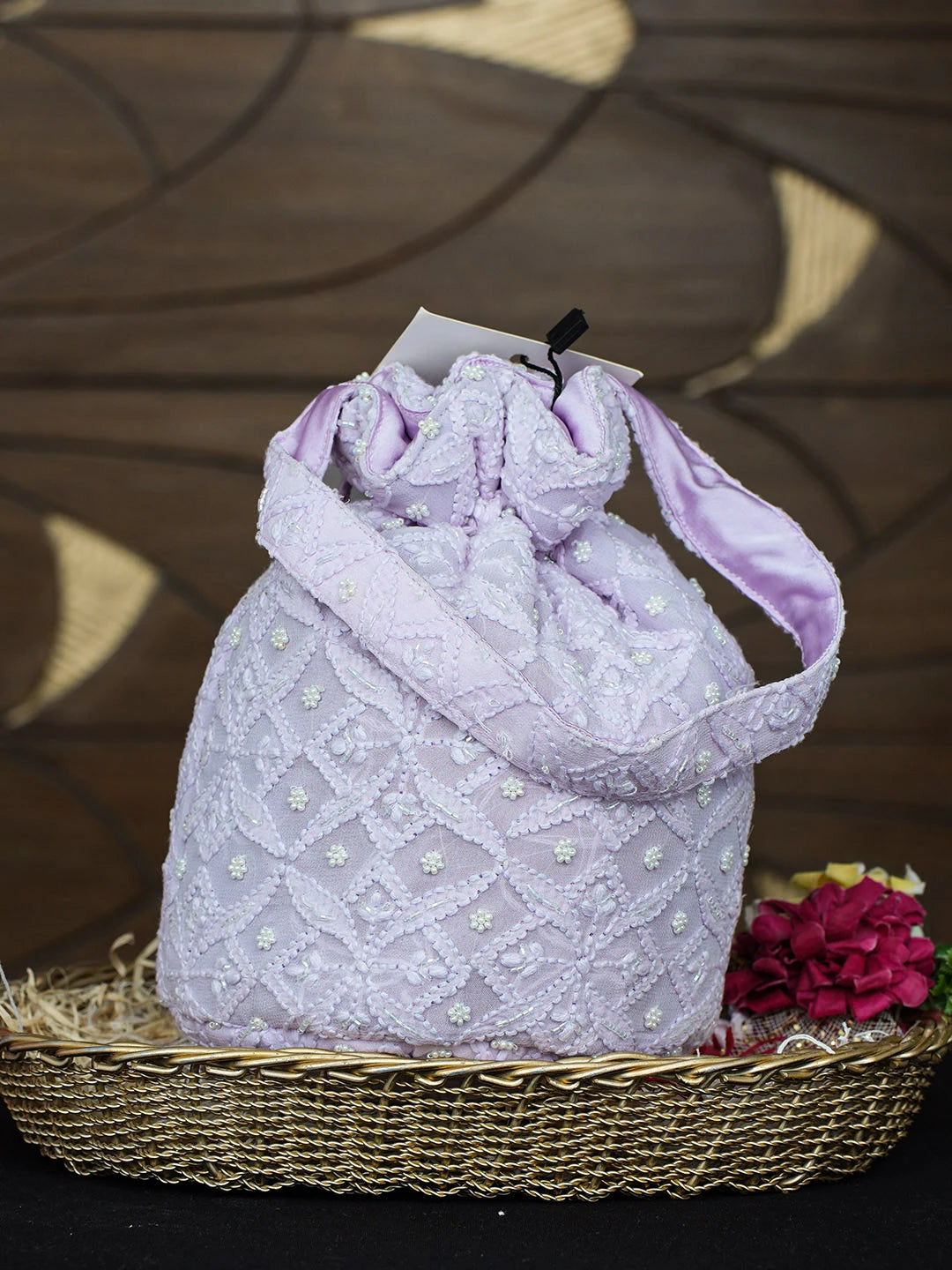 Ada Hand Embroidered Lavender Viscose Georgette Lucknowi Chikankari Potli Bag With Cutdana Work 01A955262
