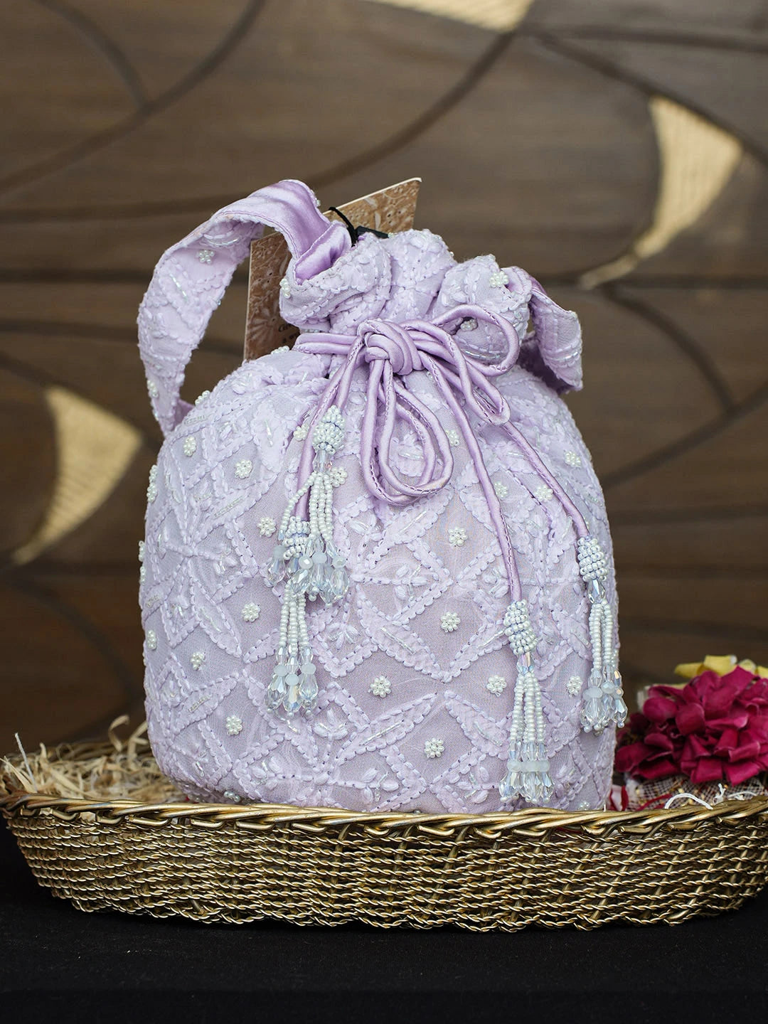 Ada Hand Embroidered Lavender Viscose Georgette Lucknowi Chikankari Potli Bag With Cutdana Work 01A955262