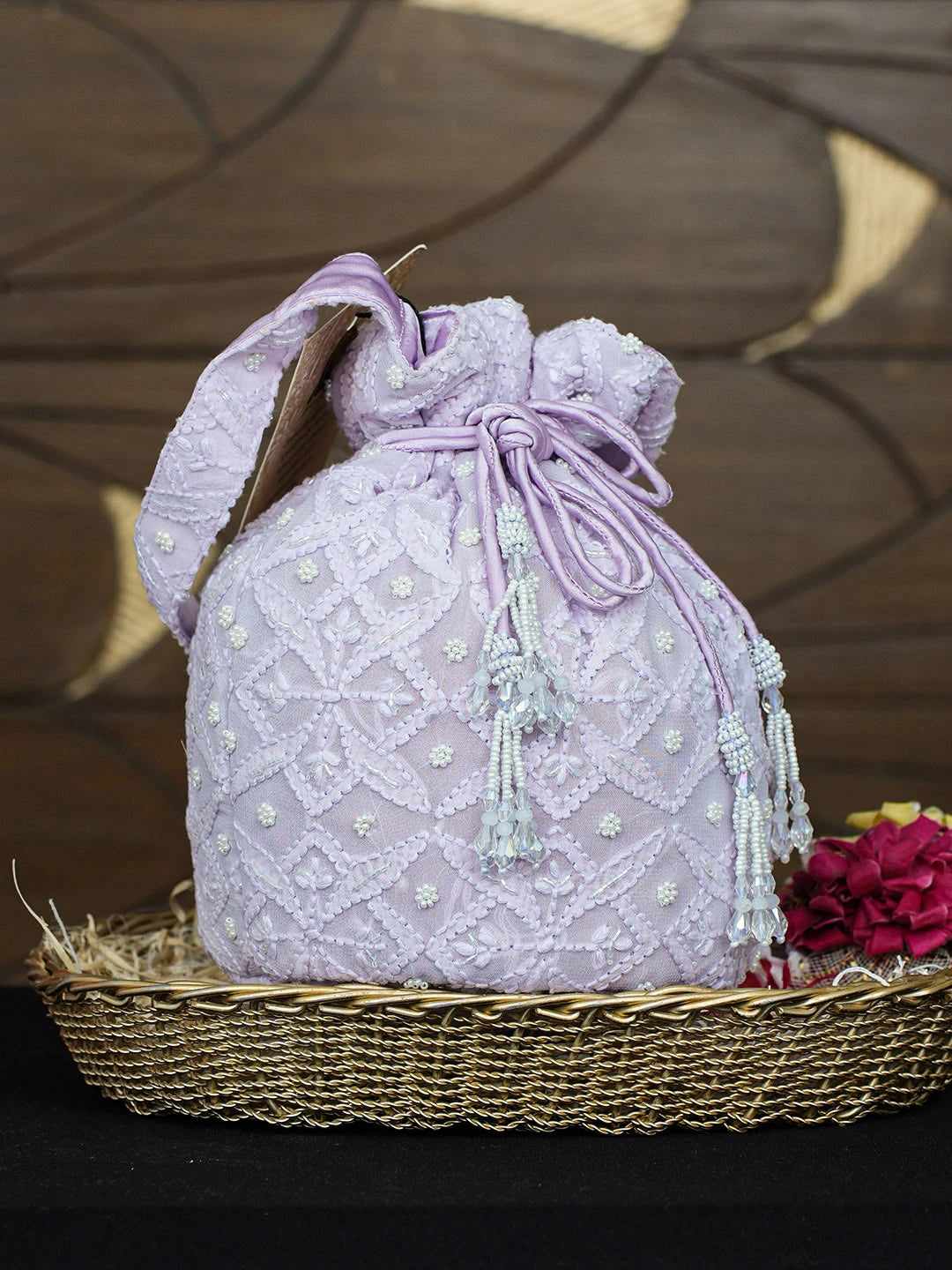 Ada Hand Embroidered Lavender Viscose Georgette Lucknowi Chikankari Potli Bag With Cutdana Work 01A955262