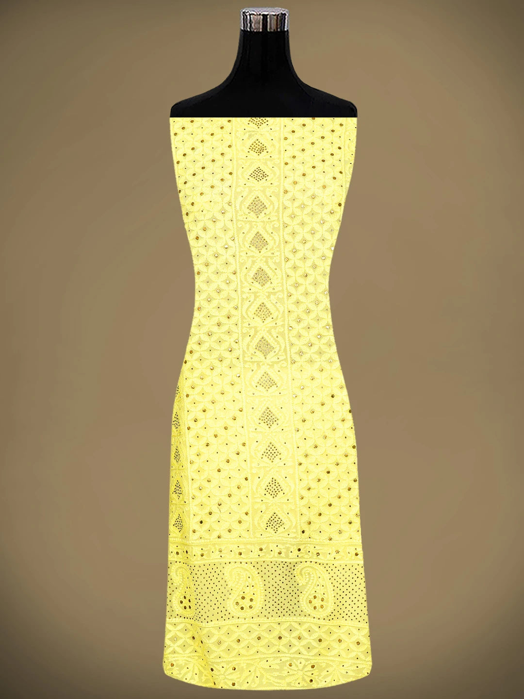 Ada Hand Embroidered Lemon Viscose Georgette Lucknowi Chikankari Unstitched Kurta Dupatta Set With Mukaish/Muqaish Work 01A785339