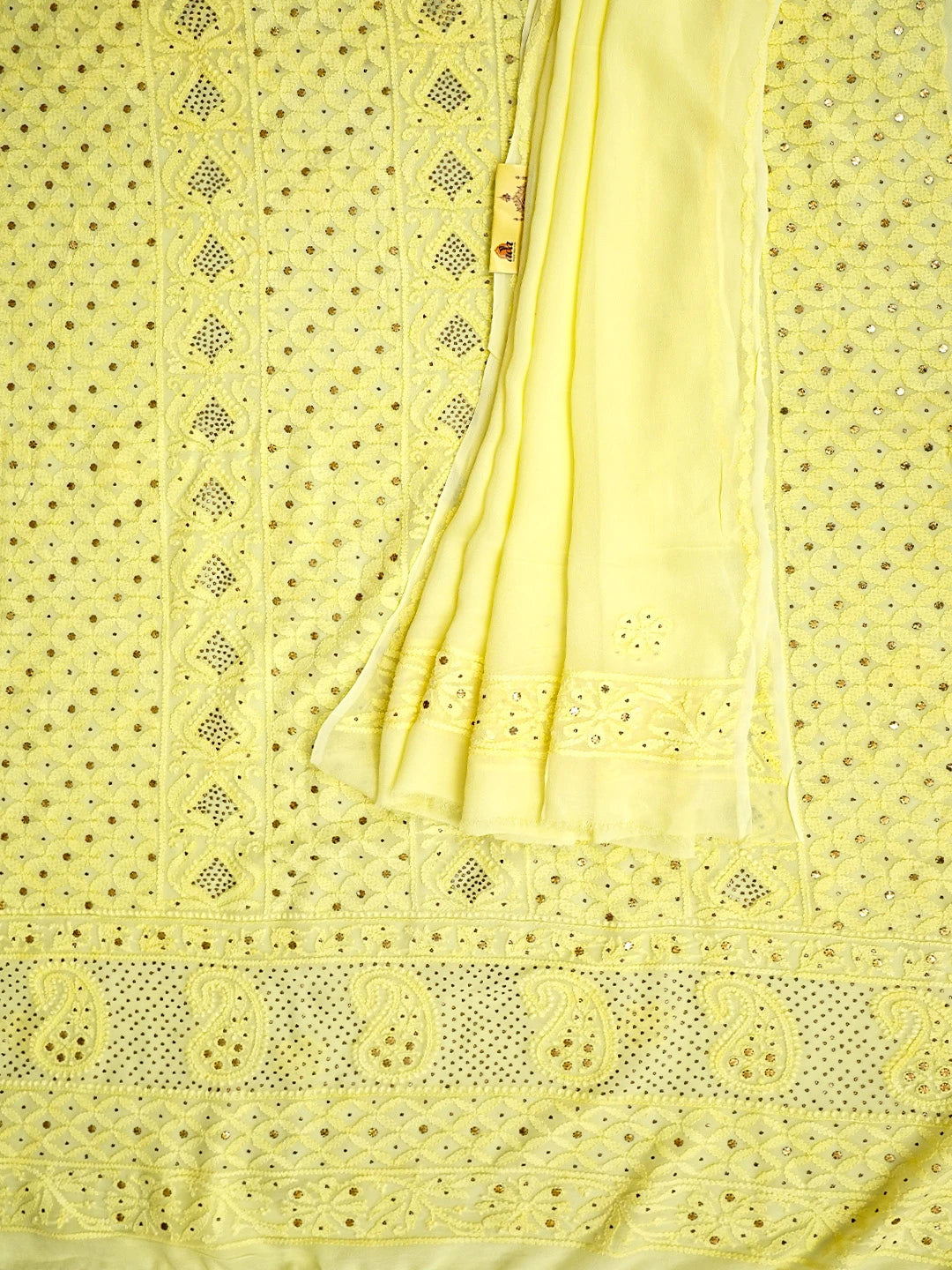 Ada Hand Embroidered Lemon Viscose Georgette Lucknowi Chikankari Unstitched Kurta Dupatta Set With Mukaish/Muqaish Work 01A785339
