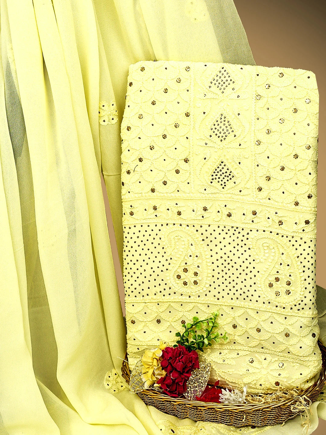 Ada Hand Embroidered Lemon Viscose Georgette Lucknowi Chikankari Unstitched Kurta Dupatta Set With Mukaish/Muqaish Work 01A785339