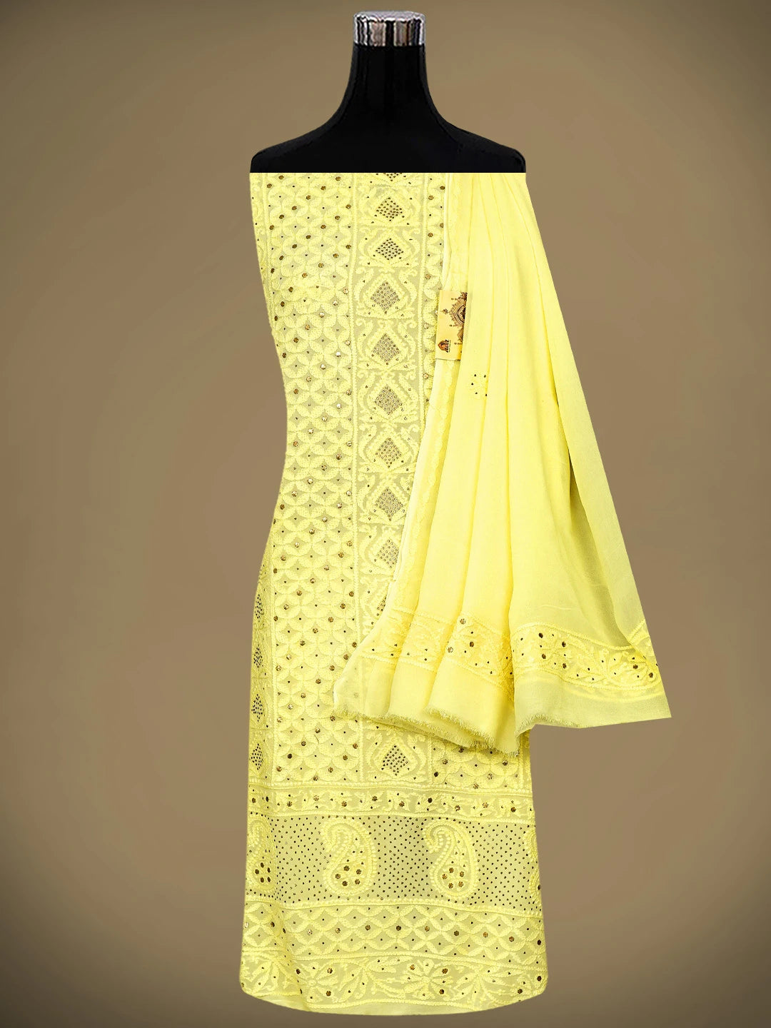 Ada Hand Embroidered Lemon Viscose Georgette Lucknowi Chikankari Unstitched Kurta Dupatta Set With Mukaish/Muqaish Work 01A785339