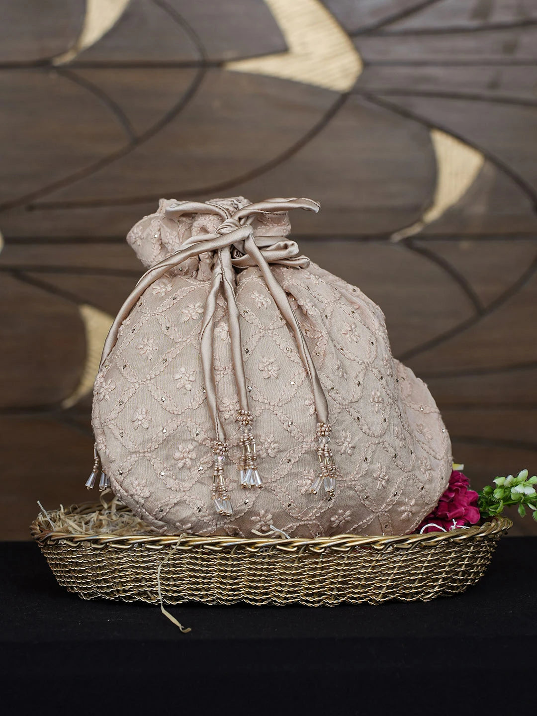 Ada Hand Embroidered Fawn Chanderi Lucknowi Chikankari Potli Bag With Muqaish/Mukaish Work 01A975099