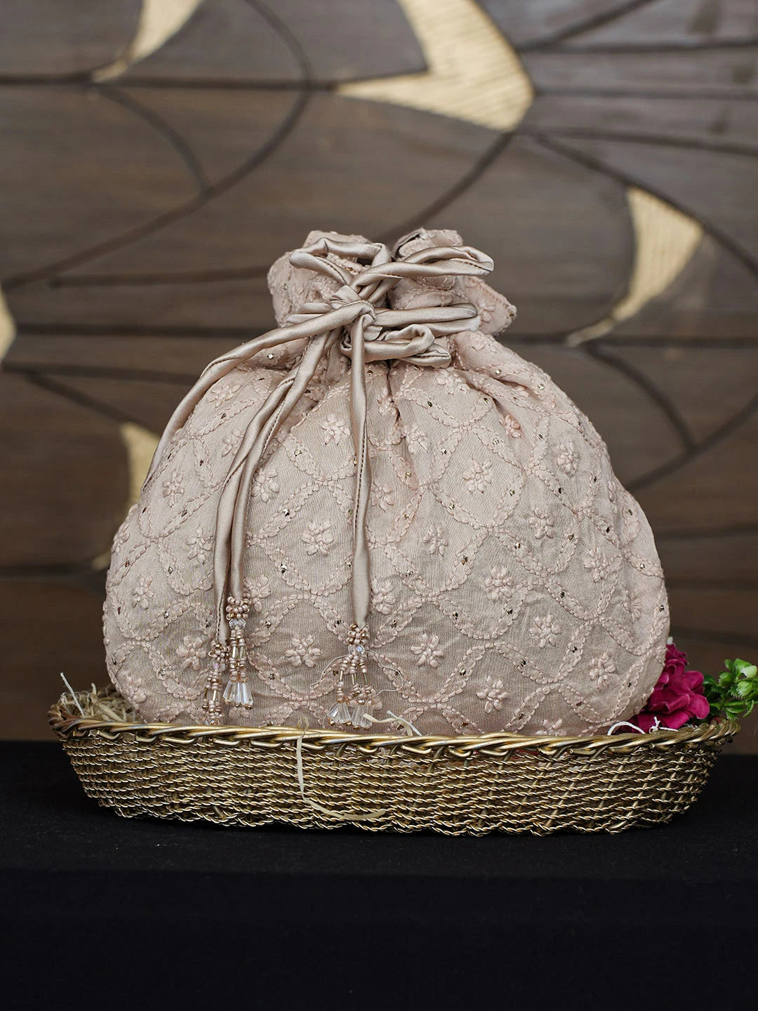 Ada Hand Embroidered Fawn Chanderi Lucknowi Chikankari Potli Bag With Muqaish/Mukaish Work 01A975099