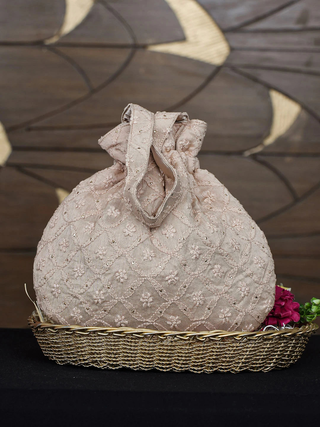 Ada Hand Embroidered Fawn Chanderi Lucknowi Chikankari Potli Bag With Muqaish/Mukaish Work 01A975099