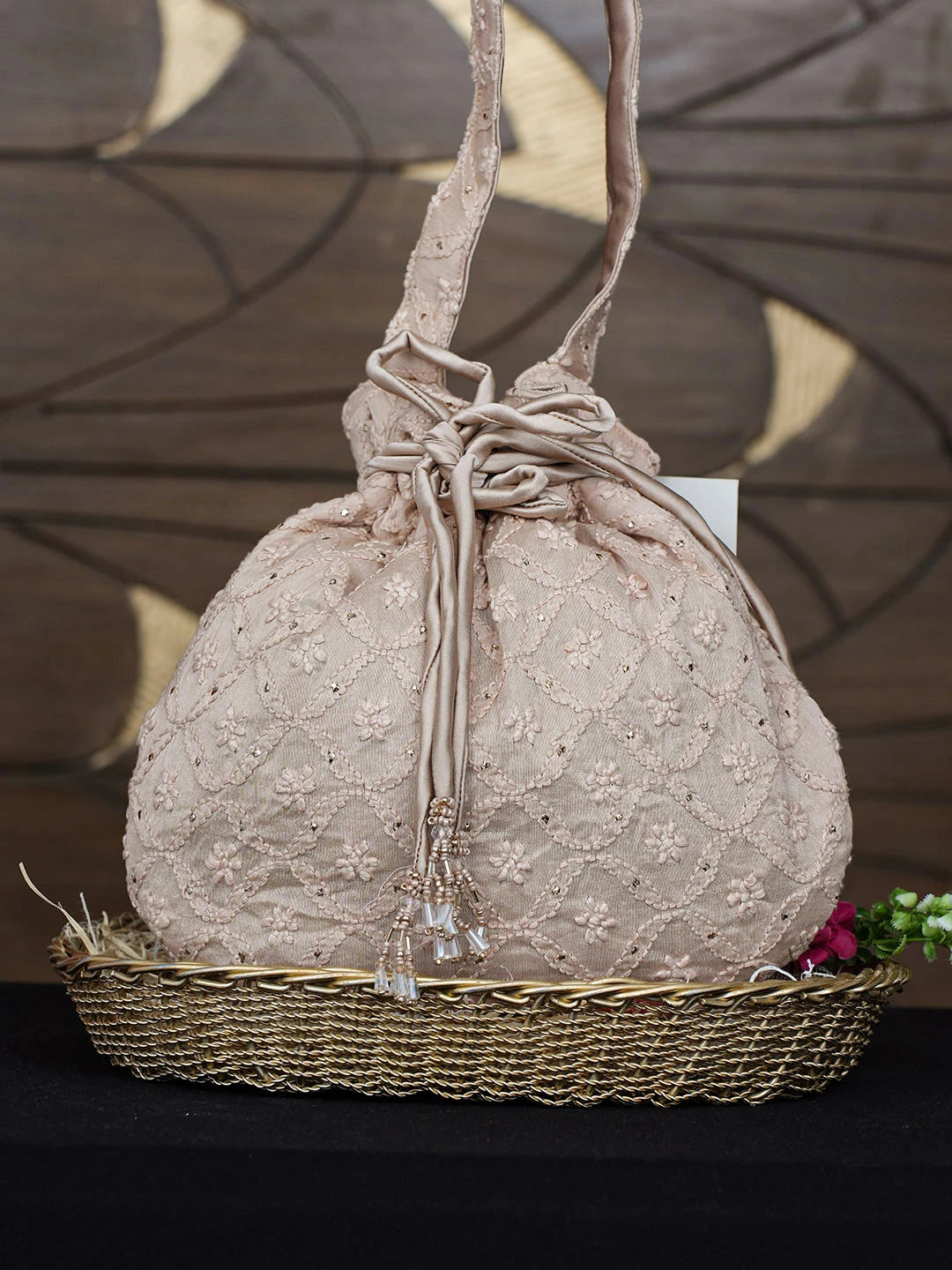 Ada Hand Embroidered Fawn Chanderi Lucknowi Chikankari Potli Bag With Muqaish/Mukaish Work 01A975099