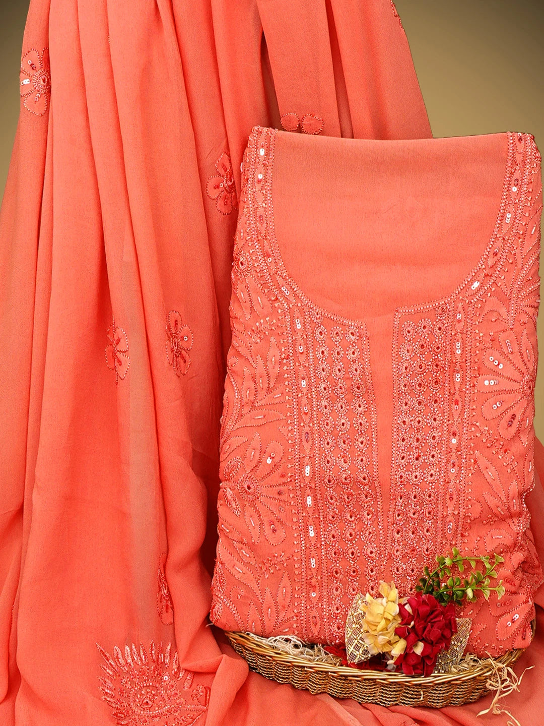 Ada Hand Embroidered Blushed Brick Red Viscose Georgette Lucknowi Chikankari Unstitched Kurta Dupatta Set With Cutdana Work 01A946286