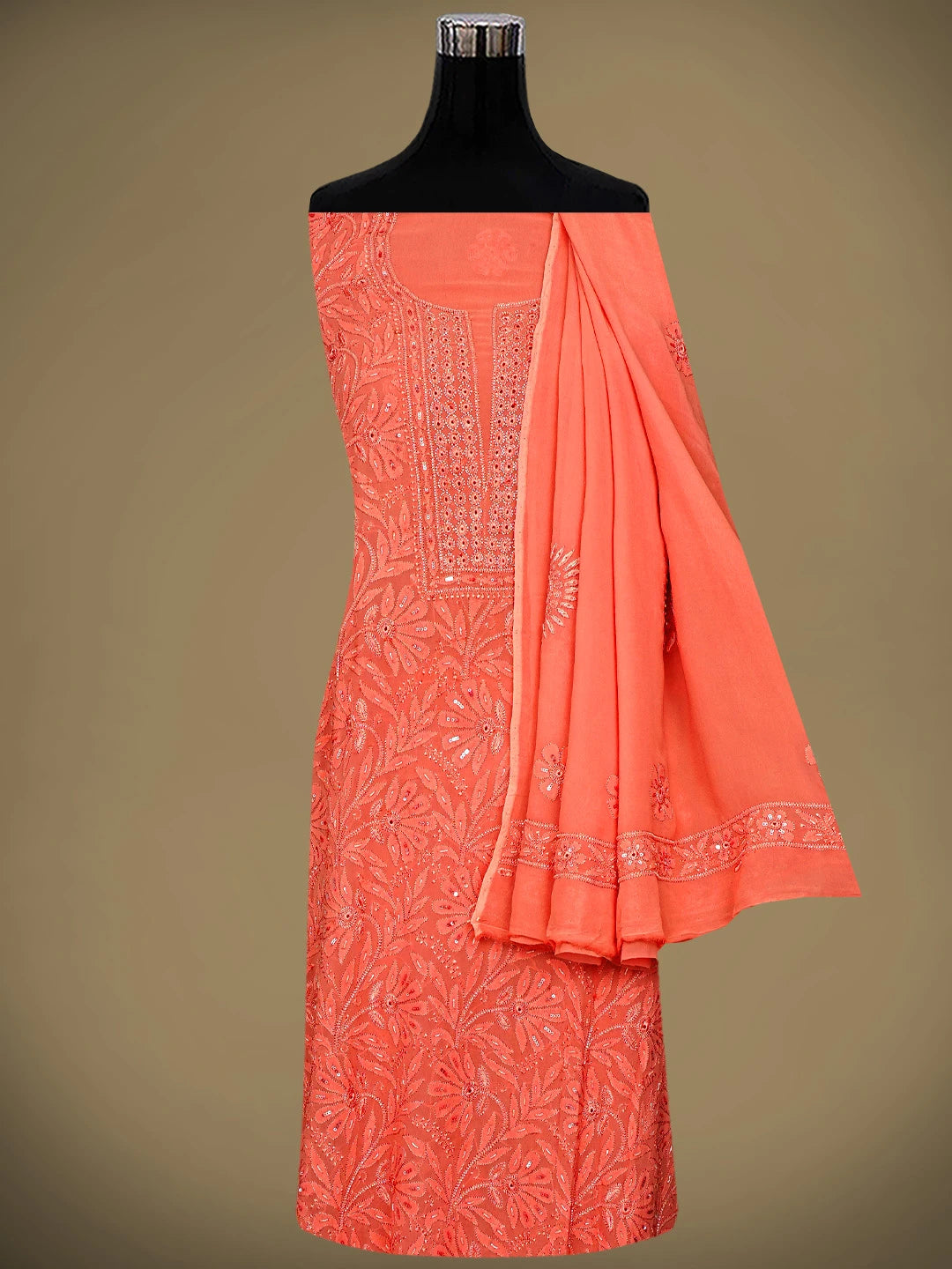 Ada Hand Embroidered Blushed Brick Red Viscose Georgette Lucknowi Chikankari Unstitched Kurta Dupatta Set With Cutdana Work 01A946286
