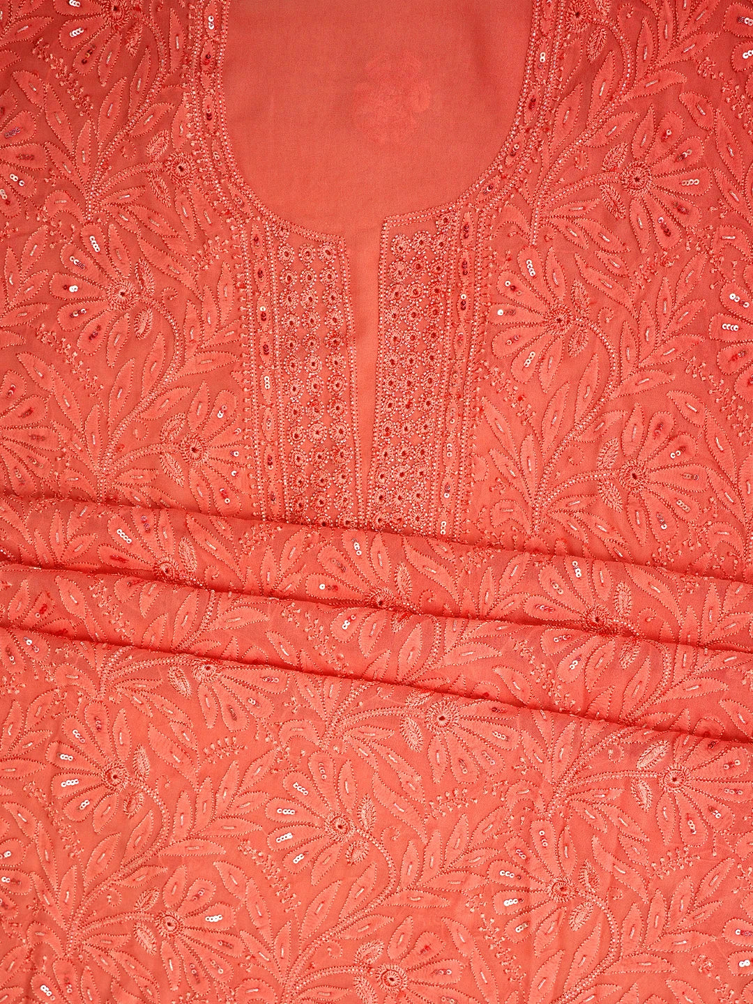 Ada Hand Embroidered Blushed Brick Red Viscose Georgette Lucknowi Chikankari Unstitched Kurta Dupatta Set With Cutdana Work 01A946286