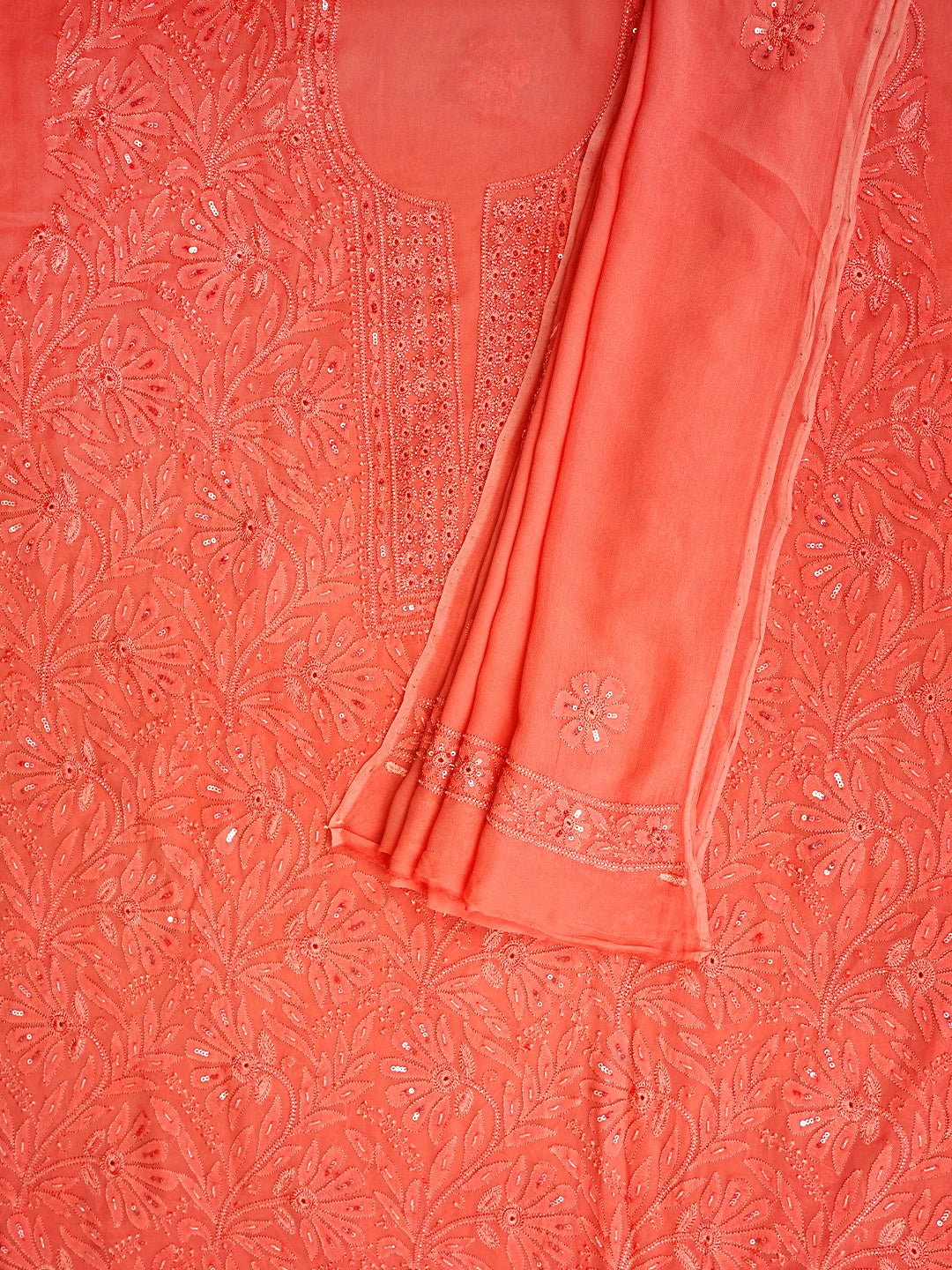 Ada Hand Embroidered Blushed Brick Red Viscose Georgette Lucknowi Chikankari Unstitched Kurta Dupatta Set With Cutdana Work 01A946286
