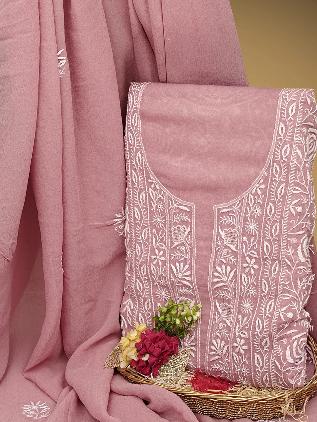 Ada Hand Embroidered Dusty Pink Pure Georgette Lucknowi Chikankari Unstitched Kurta Dupatta Set 01A844548