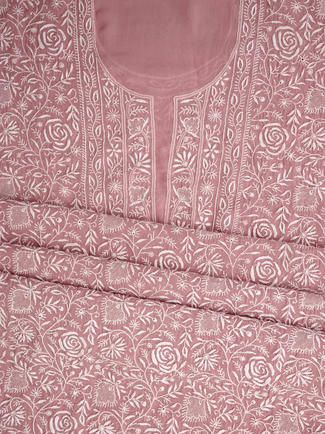 Ada Hand Embroidered Dusty Pink Pure Georgette Lucknowi Chikankari Unstitched Kurta Dupatta Set 01A844548
