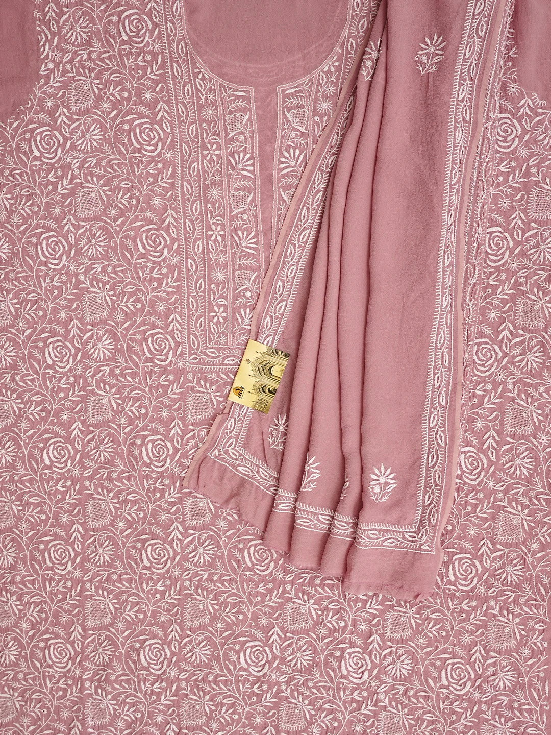 Ada Hand Embroidered Dusty Pink Pure Georgette Lucknowi Chikankari Unstitched Kurta Dupatta Set 01A844548