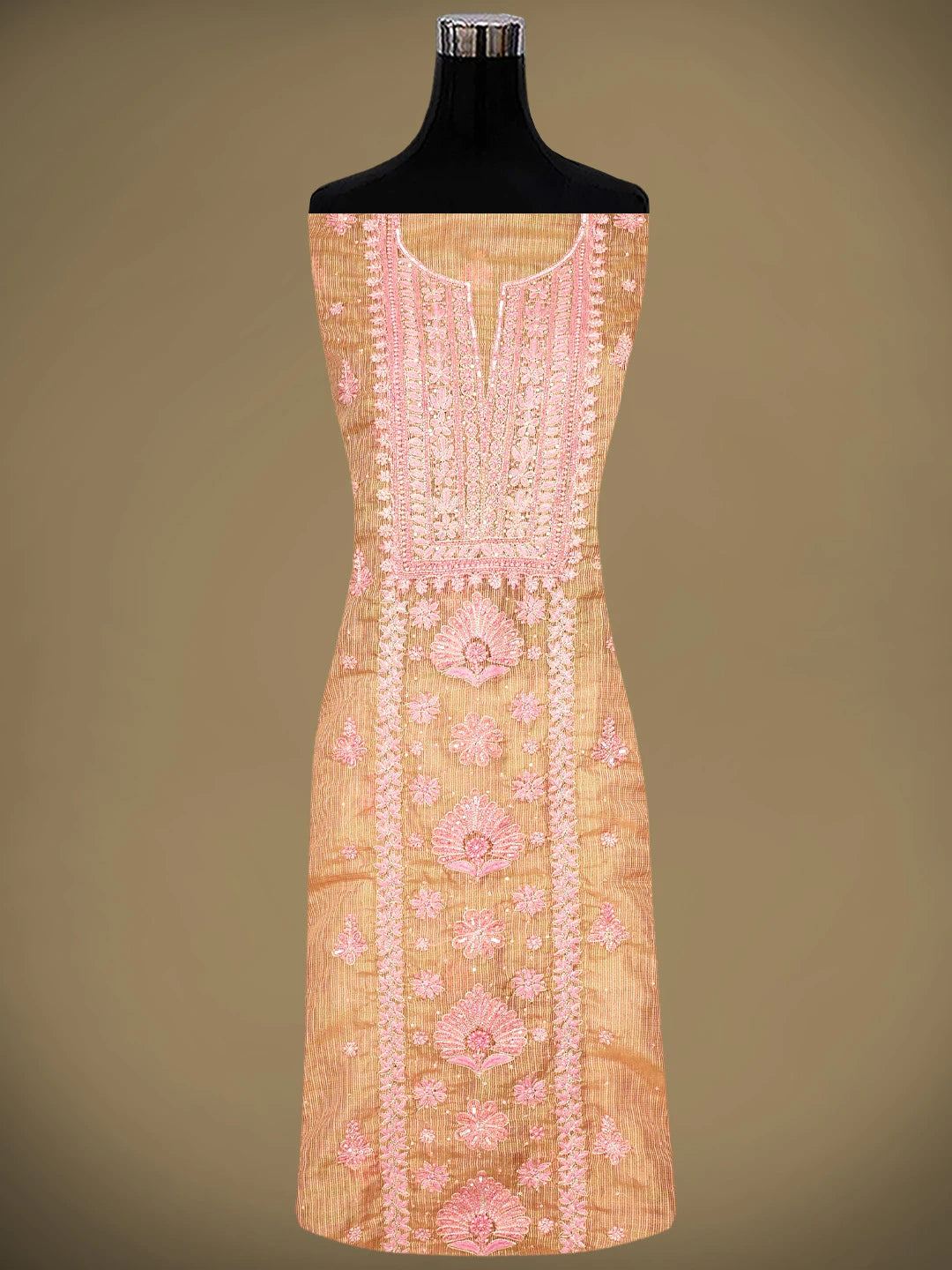 Ada Hand Embroidered  Pink Almond Silk Kota Tissue Lucknowi Chikankari Unstitched Kurta Dupatta Set With Zari Work 01A876796