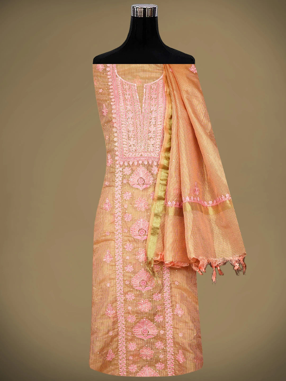 Ada Hand Embroidered  Pink Almond Silk Kota Tissue Lucknowi Chikankari Unstitched Kurta Dupatta Set With Zari Work 01A876796