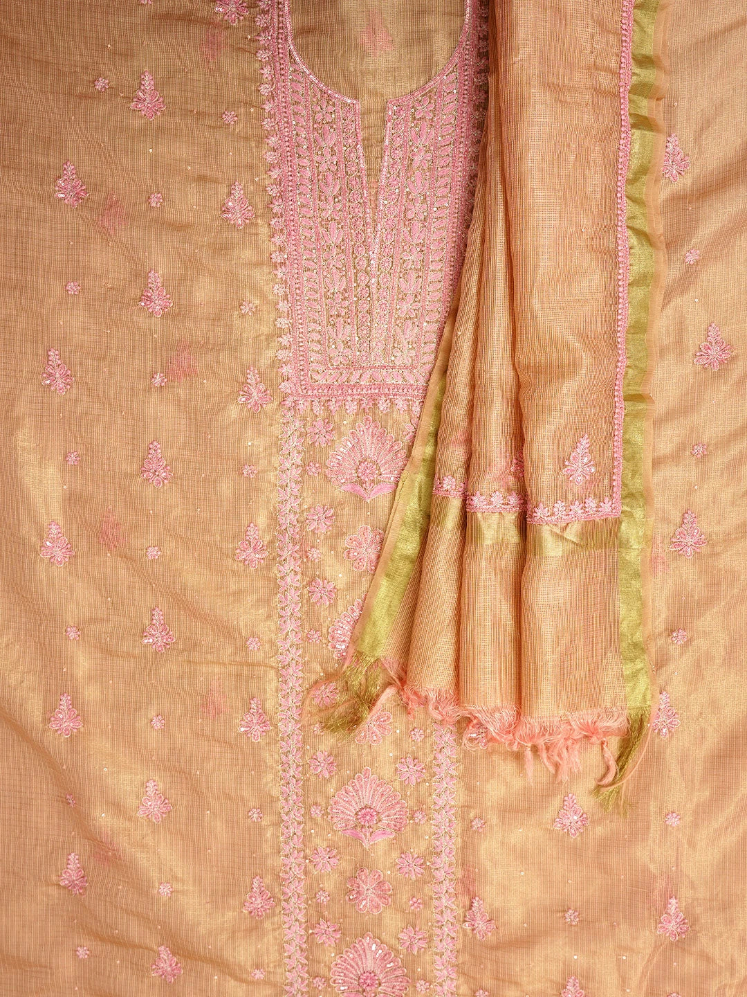 Ada Hand Embroidered  Pink Almond Silk Kota Tissue Lucknowi Chikankari Unstitched Kurta Dupatta Set With Zari Work 01A876796