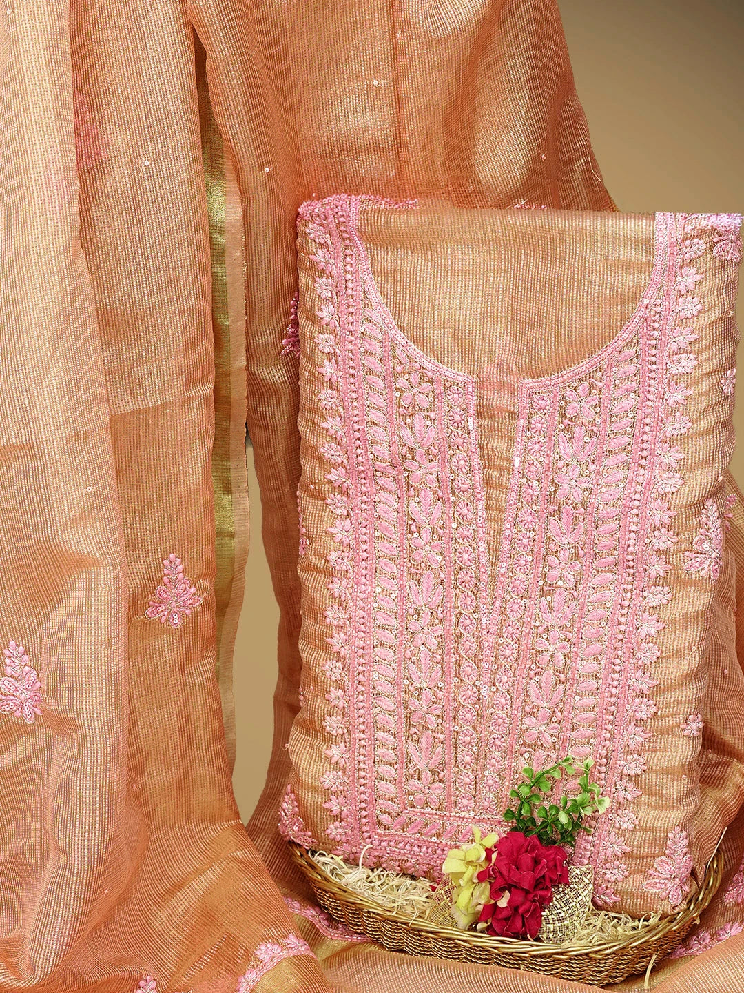 Ada Hand Embroidered  Pink Almond Silk Kota Tissue Lucknowi Chikankari Unstitched Kurta Dupatta Set With Zari Work 01A876796