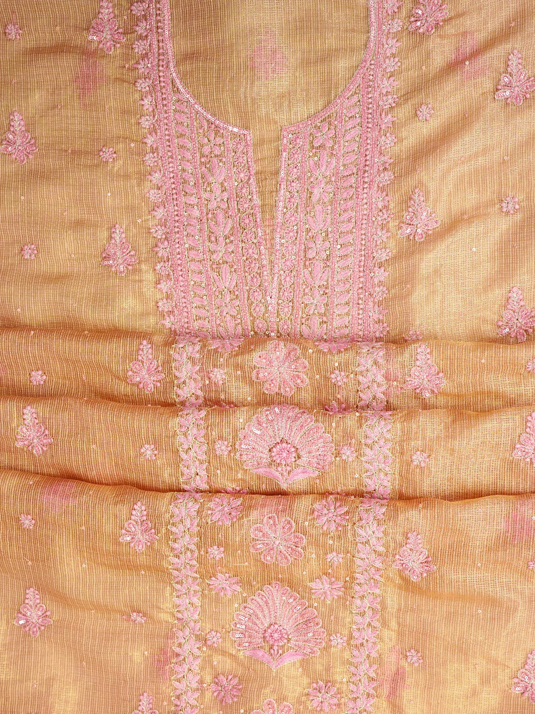 Ada Hand Embroidered  Pink Almond Silk Kota Tissue Lucknowi Chikankari Unstitched Kurta Dupatta Set With Zari Work 01A876796