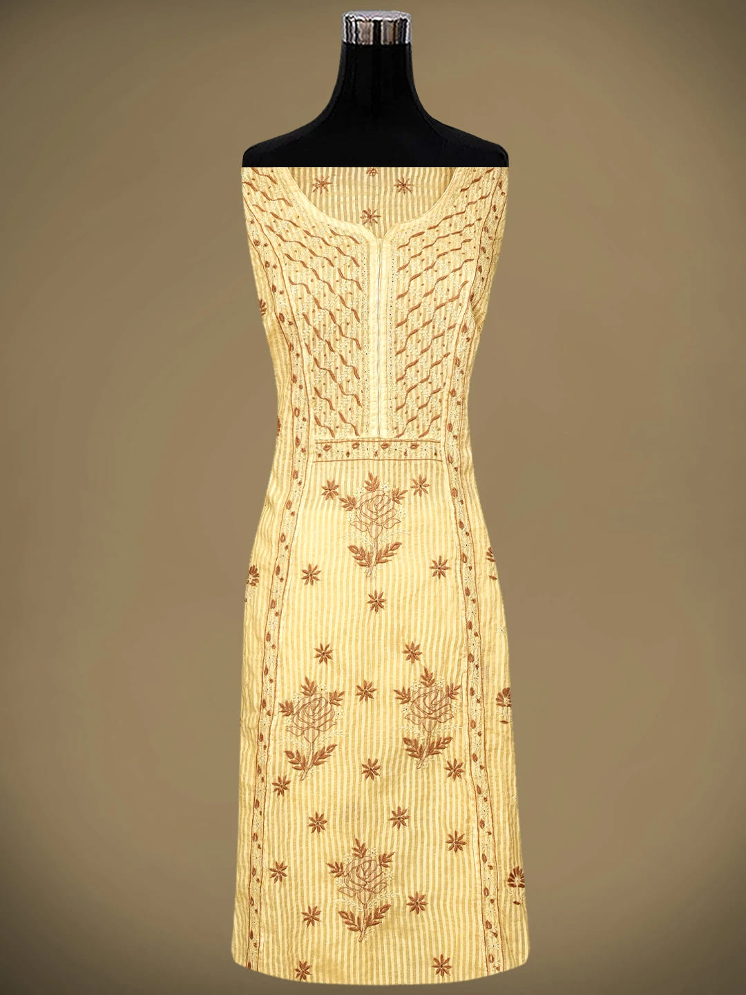 Ada Hand Embroidered Fawn Chanderi Lucknowi Chikankari Semi-Stitched Kurta Dupatta Set 01A125565