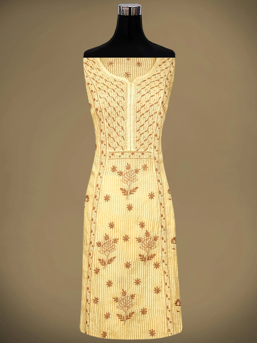 Ada Hand Embroidered Fawn Chanderi Lucknowi Chikankari Semi-Stitched Kurta Dupatta Set 01A125565