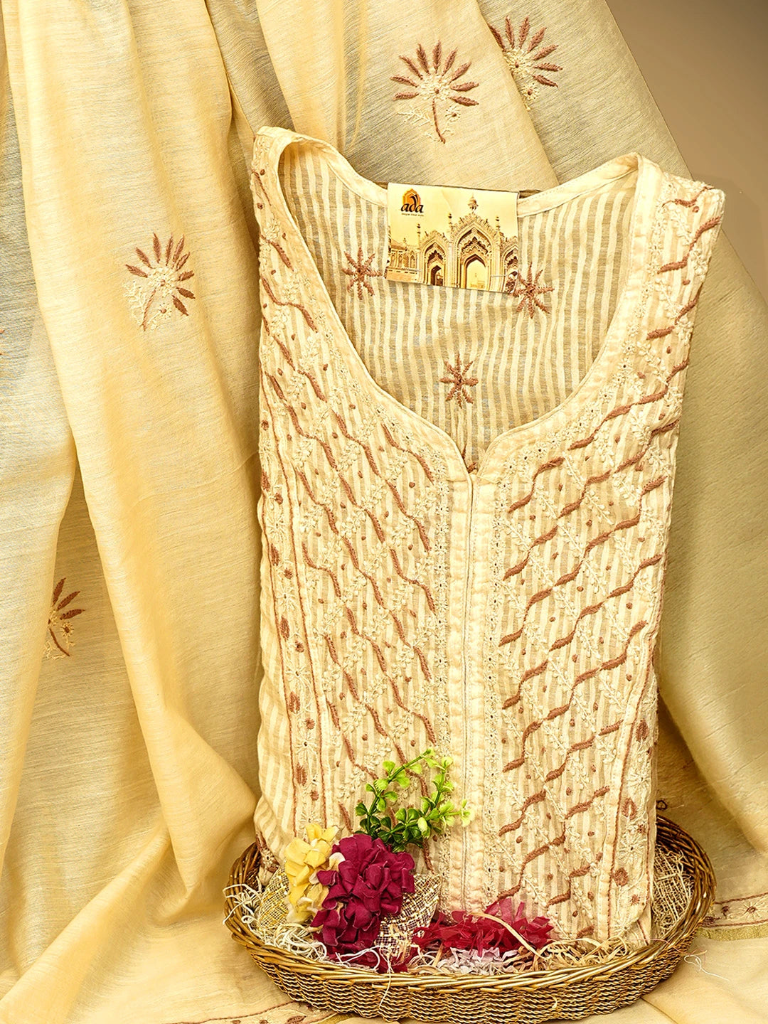 Ada Hand Embroidered Fawn Chanderi Lucknowi Chikankari Semi-Stitched Kurta Dupatta Set 01A125565