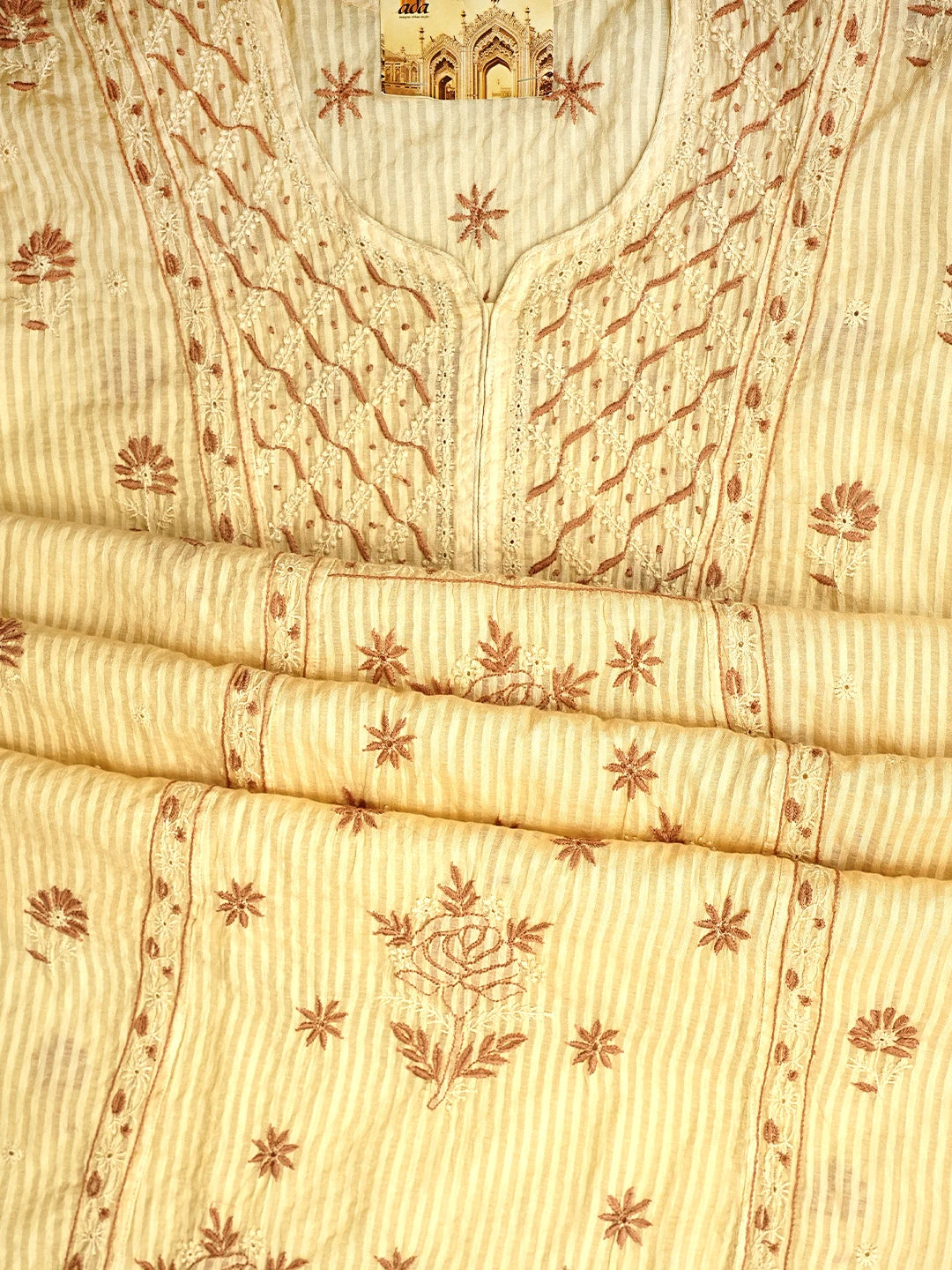 Ada Hand Embroidered Fawn Chanderi Lucknowi Chikankari Semi-Stitched Kurta Dupatta Set 01A125565