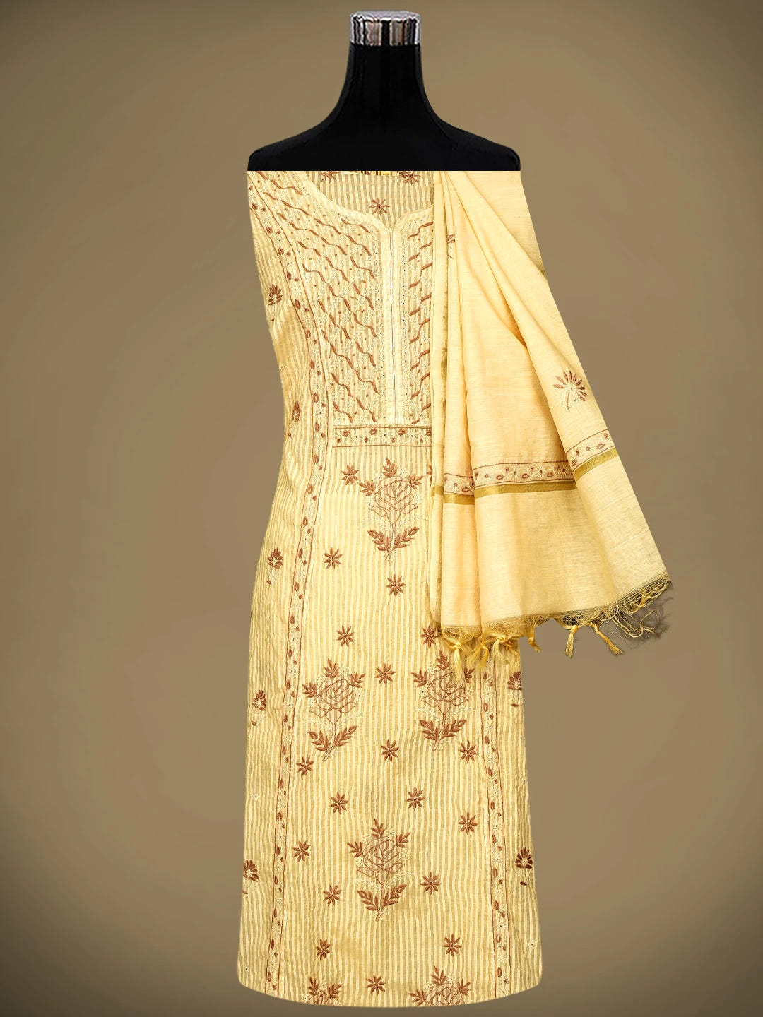 Ada Hand Embroidered Fawn Chanderi Lucknowi Chikankari Semi-Stitched Kurta Dupatta Set 01A125565
