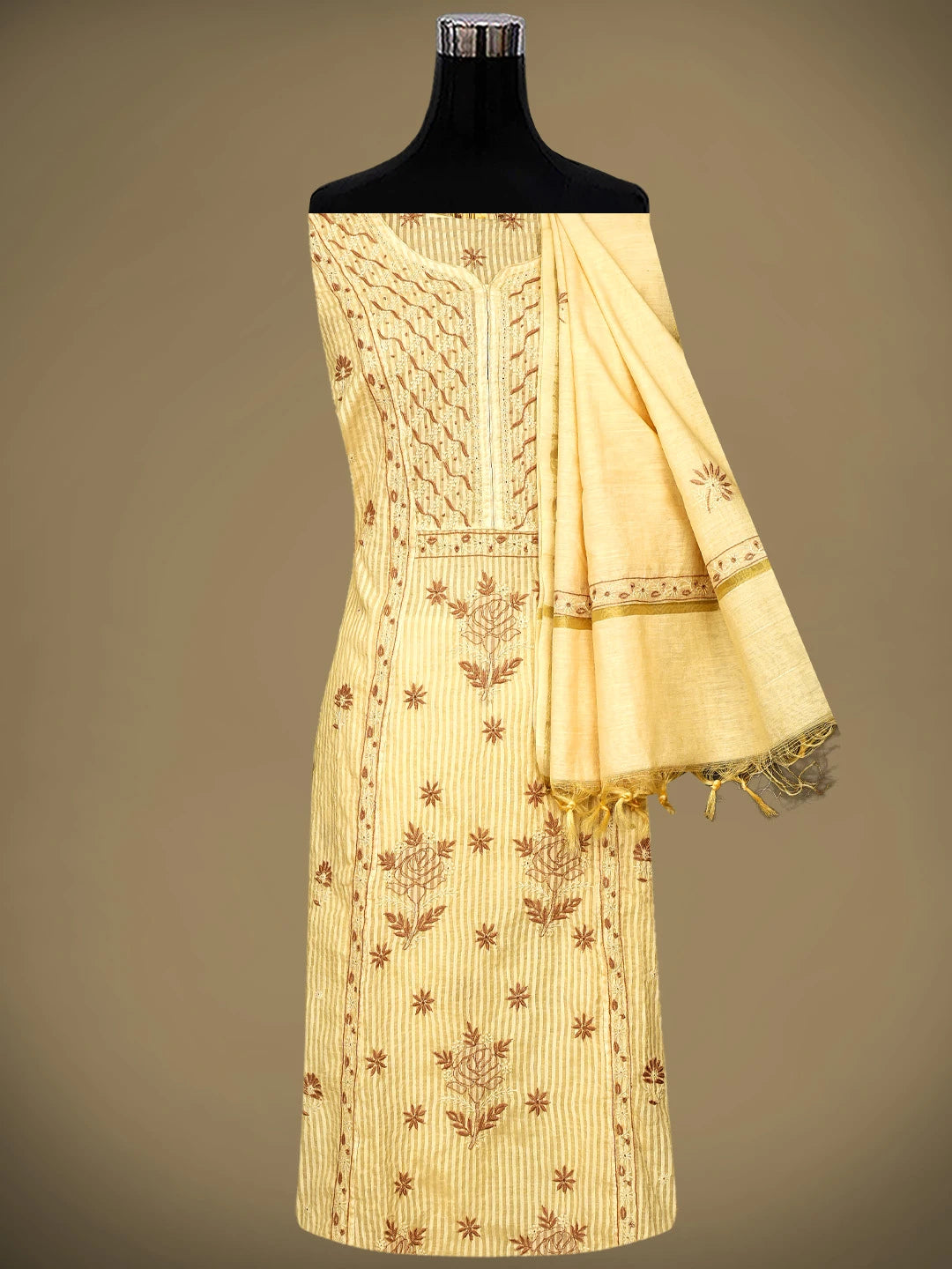 Ada Hand Embroidered Fawn Chanderi Lucknowi Chikankari Semi-Stitched Kurta Dupatta Set 01A125565