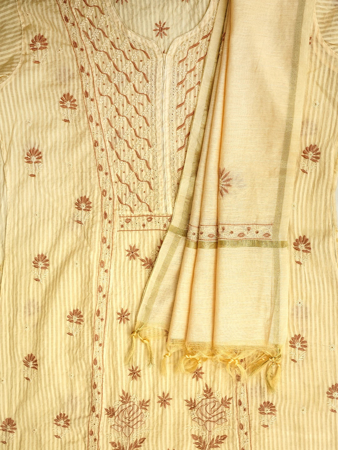 Ada Hand Embroidered Fawn Chanderi Lucknowi Chikankari Semi-Stitched Kurta Dupatta Set 01A125565