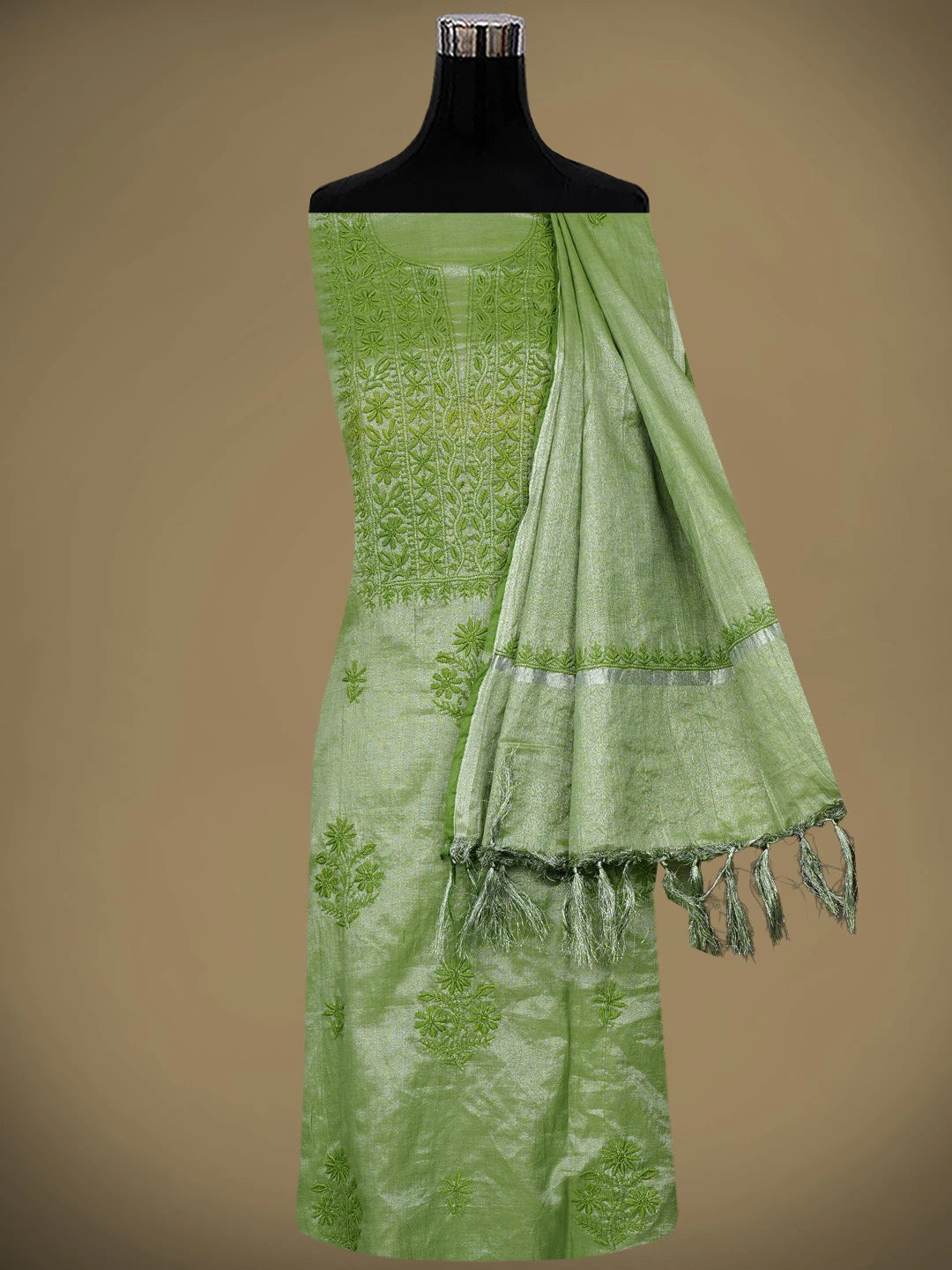 Ada Hand Embroidered Olive Green Tissue Lucknowi Chikankari Unstitched Kurta Dupatta Set 01A810664