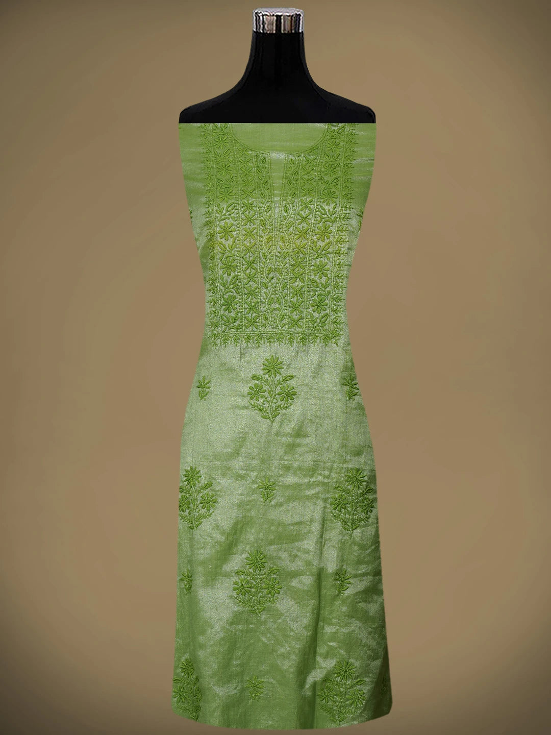 Ada Hand Embroidered Olive Green Tissue Lucknowi Chikankari Unstitched Kurta Dupatta Set 01A810664