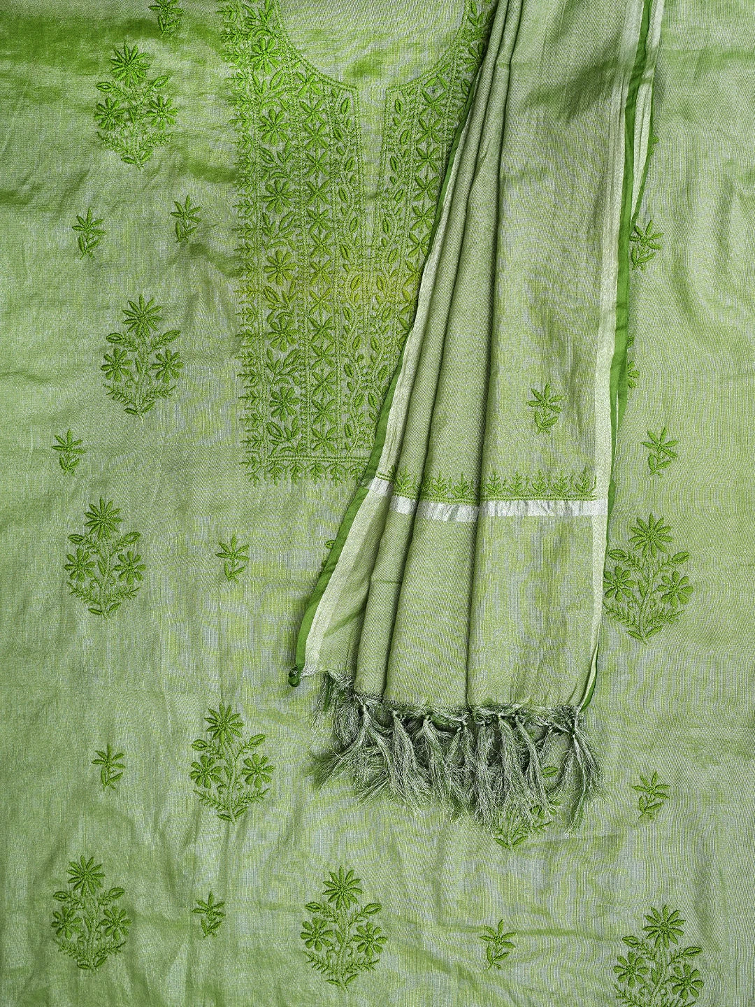 Ada Hand Embroidered Olive Green Tissue Lucknowi Chikankari Unstitched Kurta Dupatta Set 01A810664