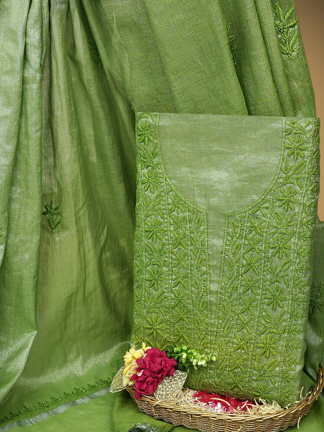 Ada Hand Embroidered Olive Green Tissue Lucknowi Chikankari Unstitched Kurta Dupatta Set 01A810664