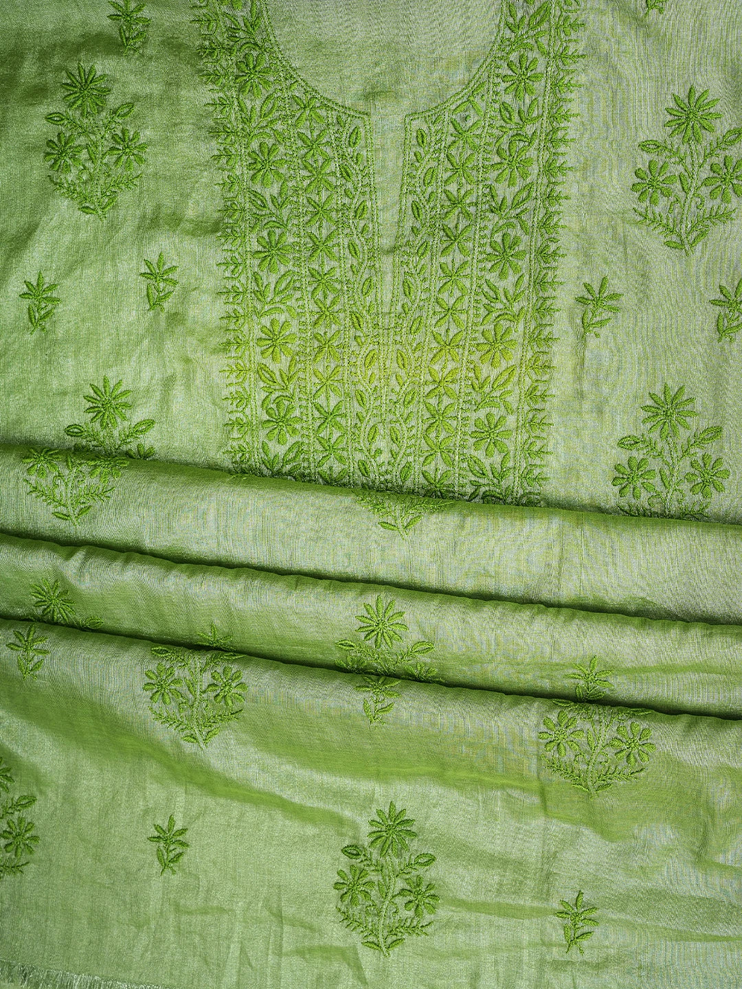 Ada Hand Embroidered Olive Green Tissue Lucknowi Chikankari Unstitched Kurta Dupatta Set 01A810664