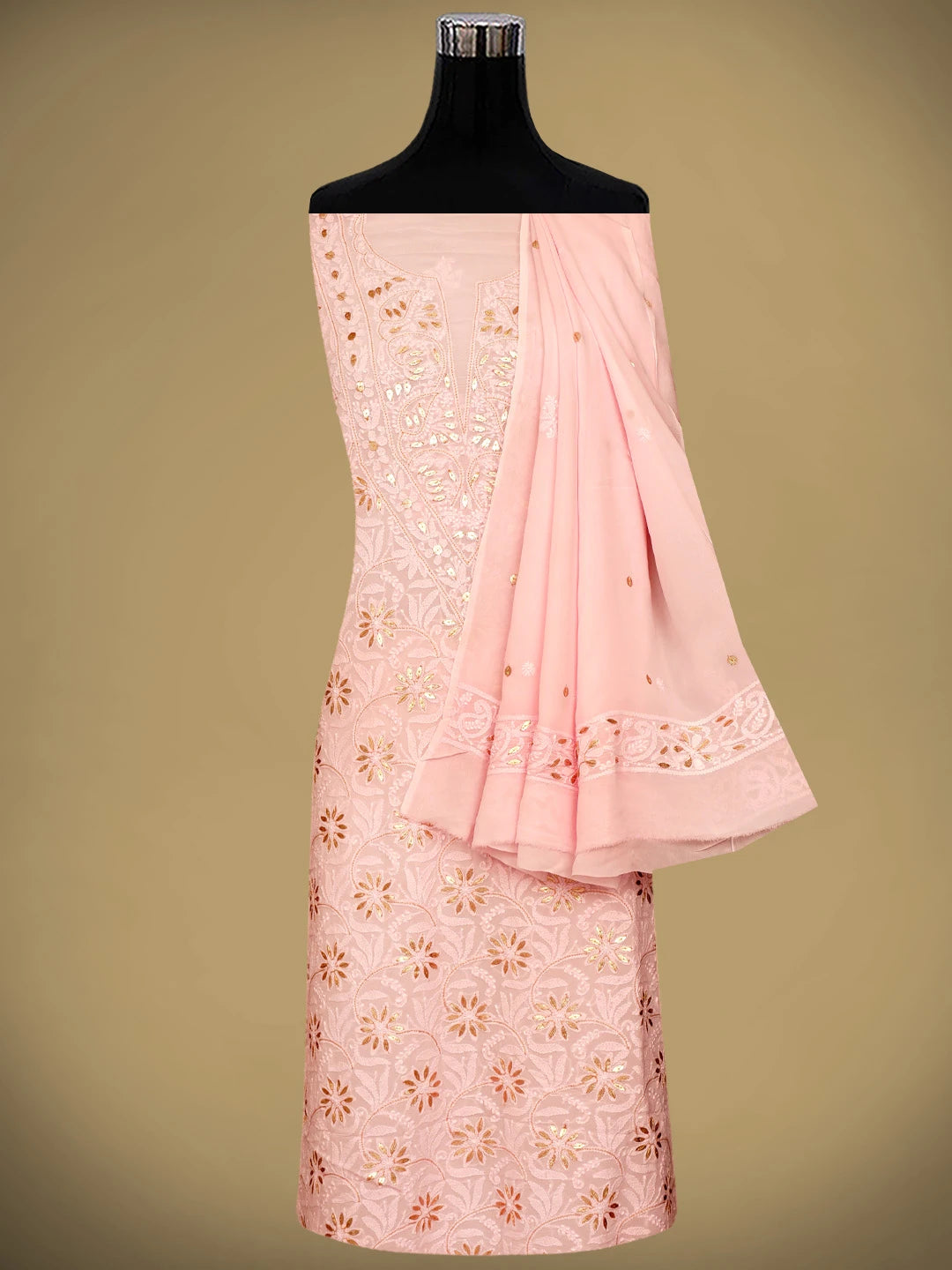 Ada Hand Embroidered Pink Viscose Georgette Lucknowi Chikankari Unstitched Kurta Dupatta Set With Gota Patti Work 01A962628