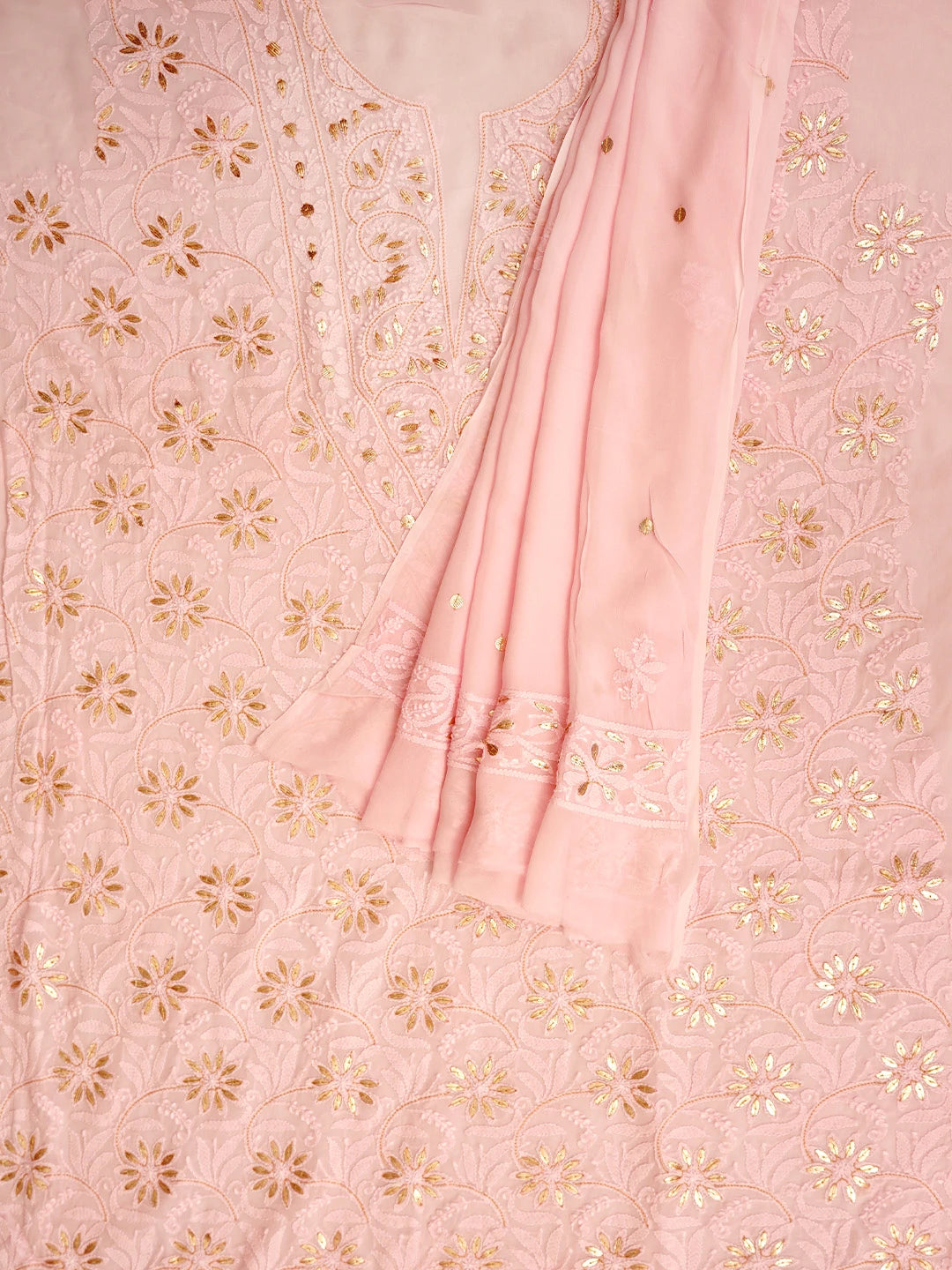 Ada Hand Embroidered Pink Viscose Georgette Lucknowi Chikankari Unstitched Kurta Dupatta Set With Gota Patti Work 01A962628