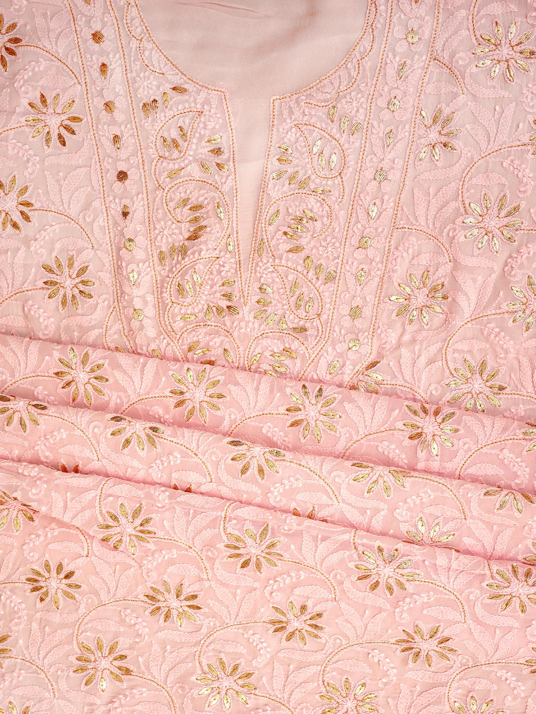 Ada Hand Embroidered Pink Viscose Georgette Lucknowi Chikankari Unstitched Kurta Dupatta Set With Gota Patti Work 01A962628